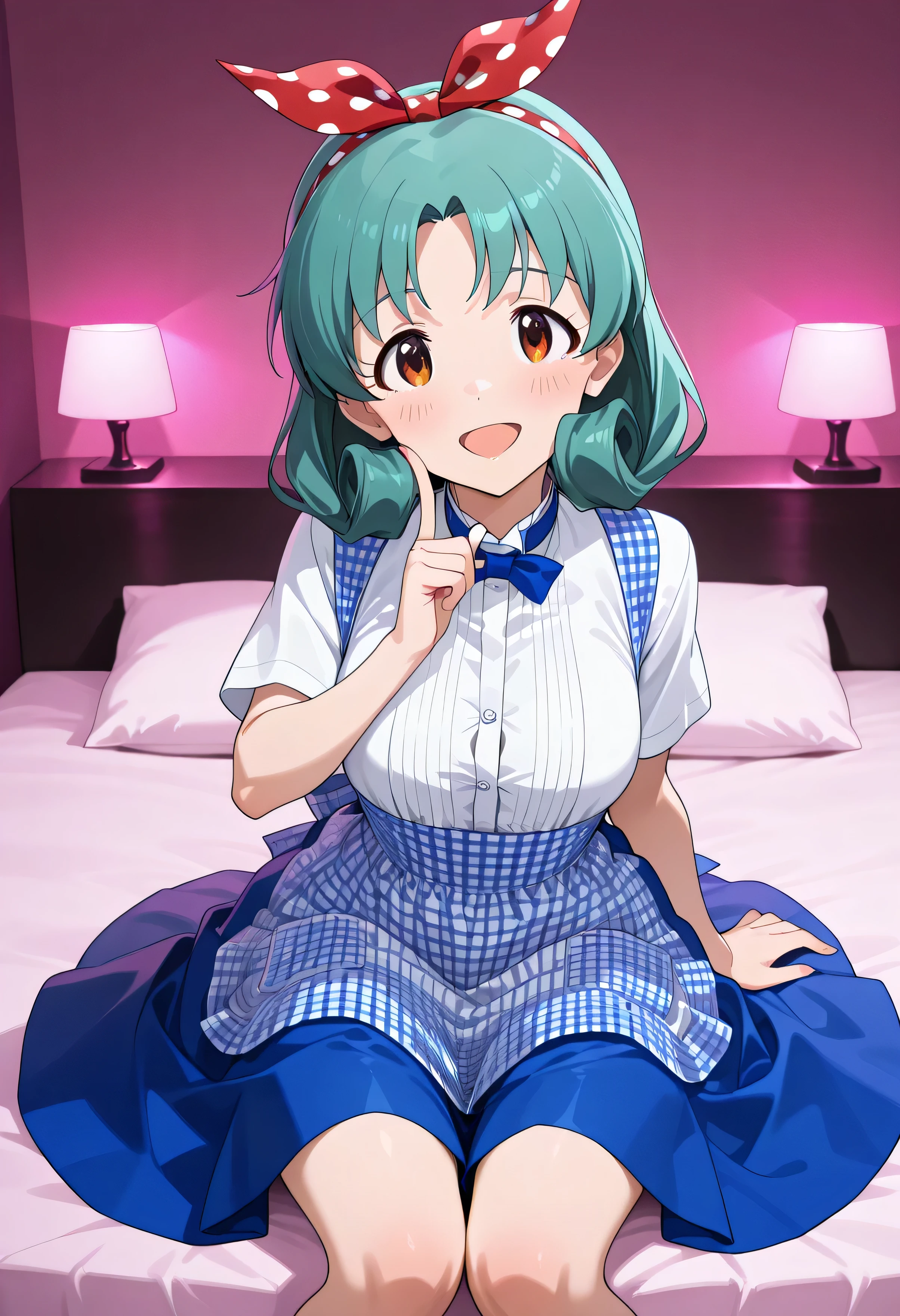 1girl ,TokuGawa Matsuri ,Idolmaster Million Live,hotel bed,kobeya uniform,blue bow, blue bowtie, white shirt, short sleeves, blue skirt, Blue apron, gingham apron, employee uniform, high-waist skirt,(beautiful girl:1.3),masterpiece,Please redeem,Ultra-high resolution,rich contrast,Very high quality,8k,Highly detailed CG unit wallpaper,Texture,So ridiculous,RAW Photos,anime-style illustration,studio anime style,professional photograph,an extremely delicate and beautiful,Depth of written boundary 1.2,Glowing Skin,Beautiful glossy lips,(room illuminated by pink lights holding a pillow),(red ribbon with white polka dots on the head),(both hands,finger to cheek),tilt your neck,smile, open your mouth wide