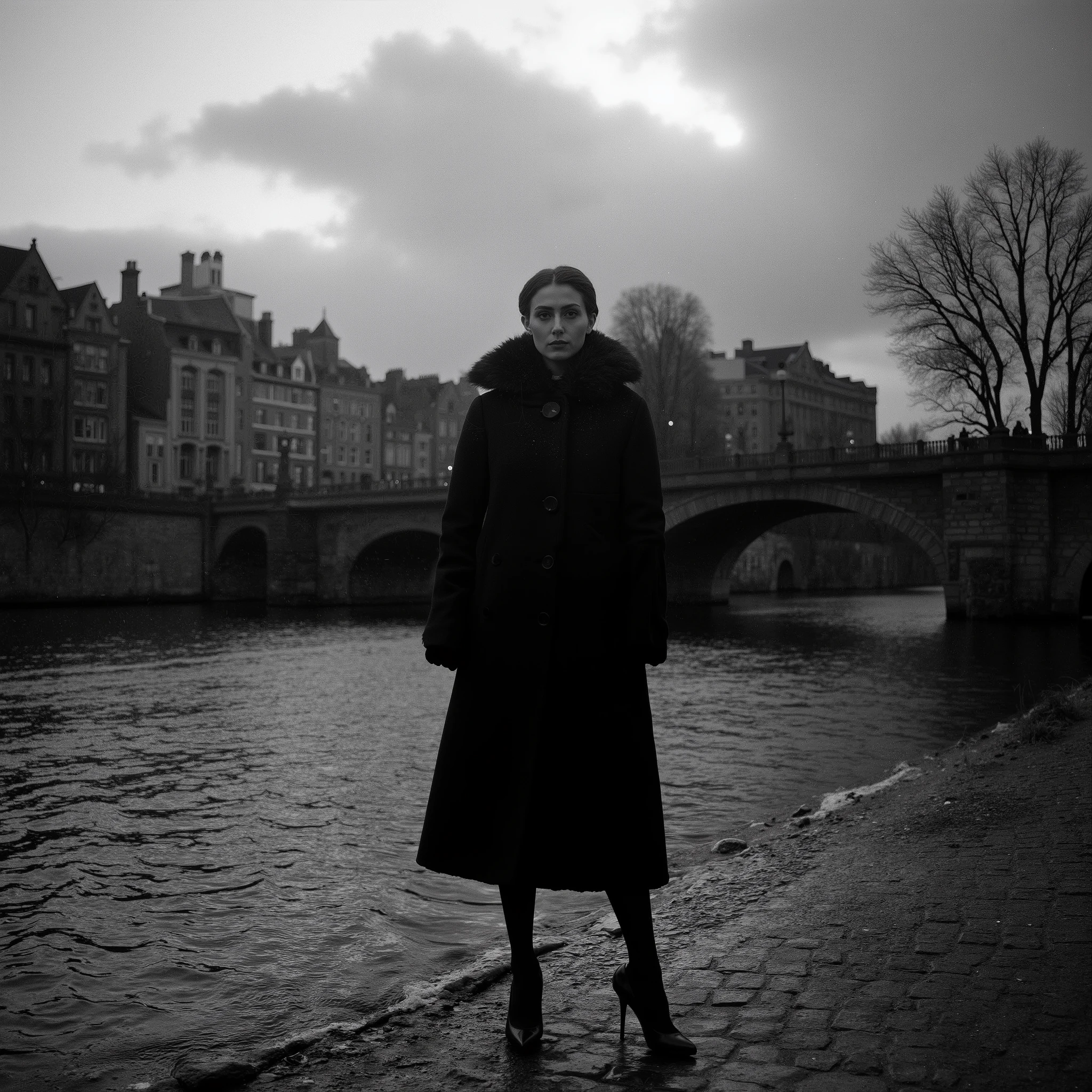 Cinematic black and white photography, high-fashion portrait of a mysterious woman standing on a cobblestone riverbank in an old European city, dramatic grayscale Ilford quality, she wears a long black winter coat with high collar, opaque tights, and elegant high heels, her piercing eyes and strong gaze directed at the camera, sharp facial features highlighted by soft diffused lighting, moody overcast sky, ancient stone bridge and historic buildings in the background, bare trees adding a melancholic winter atmosphere, deep contrast between dark clothing and textured urban landscape, fine art photography aesthetics, noir-inspired composition.