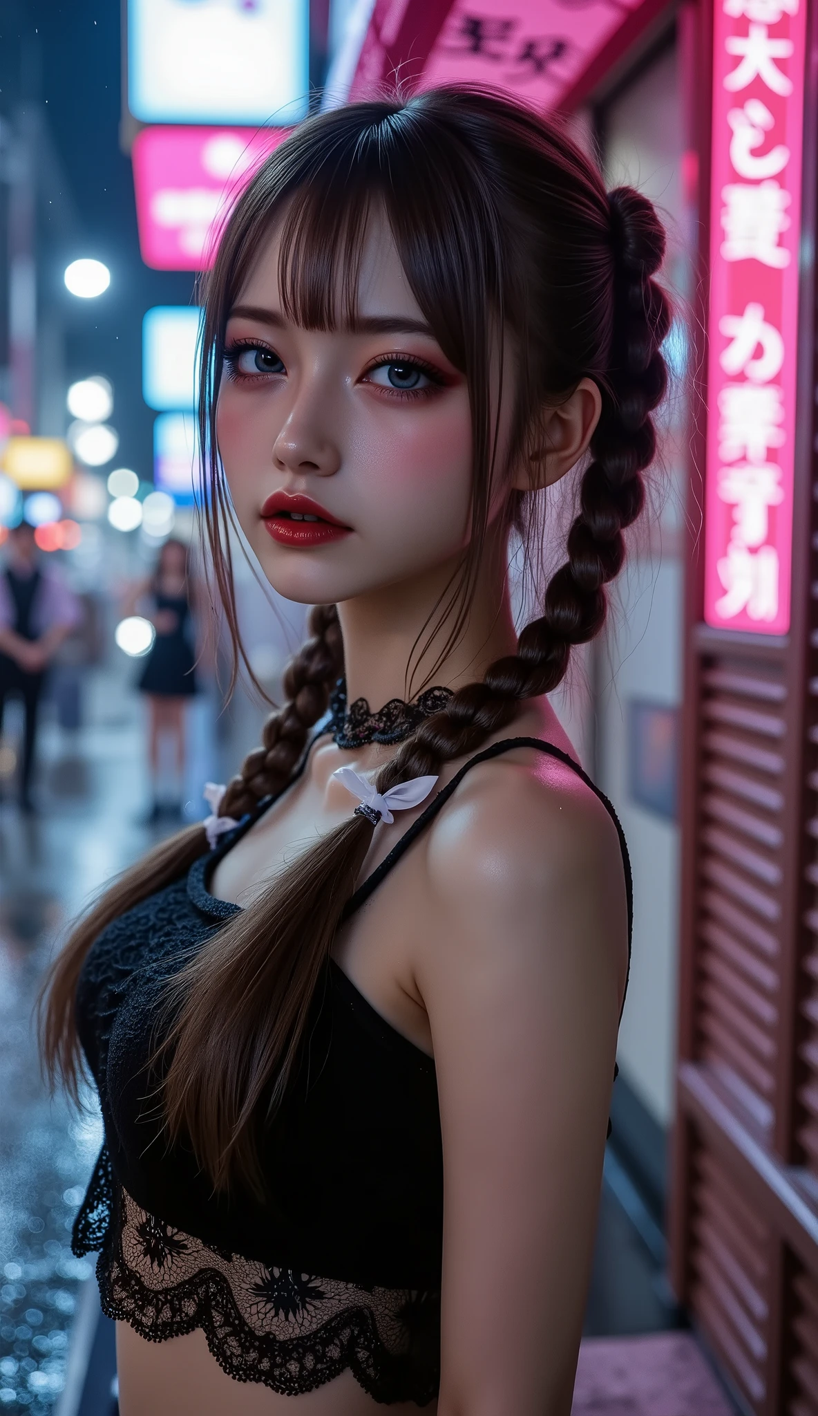  [Style: "masterpiece, realistic (Photorealistic realism), Hyper high resolution, (ultra quality, intricately detailed digital art), focus on extremely Realistic Proportion Body"] (Key Directive: "Prioritize anatomical accuracy and material textures") "Portrait of {woman in Tup tube standing on the street, full body shot | ultra realistic texture details: velvety skin, hair}" {Character: "20-year-old white woman, ((full and firm breas:1.3)), ((small butt))" | Face: "symmetrical, pale skin, full lips" | Eyes: "((sharp focus, no blurry eyes, Hyper absurd quality, Hyper details, Hyper realistic blue eyes:1.2))" - "((extra narrow eyebrows))" - "(Carefully draw Long blue_mascara:1.2)" - "(perfect round eyes)" | Makeup: "detailed lips:1.3, (apply glossy red_lipstick:1.25)" | Hair: "black with braids, (white ribbon)" | Pose: "dynamic side position" | Outfit: [Top: - "Tube (Simple short Tube), Black:1.25)"] [Bottom: "Tube Skirt, (black and tight)"] | Environment: "Tokyo backstreet at night (rain-slick asphalt, neon signage in Japanese)" | Lighting: - "Cinematic neon wash (pink/cyan dominance)" - "(aim into the distance and shoot)'' (Rendering engine: "Unreal Engine 5 path tracing, 16K texture maps"). The ultra-Highres,Unreal 5,Subsurface scattering,PBR Texturing,Post-Processing,Anisotropic Filtering,depth of fields,Maximum Sharpness and Sharpness,multi-layered texture,Albedo and Specular maps,Surface Shading,Precise simulation of light-material interactions,perfectly proportions,Octane rendering,Two-tone illumination,Wide Aperture, low ISO, white balance, The rule of thirds }