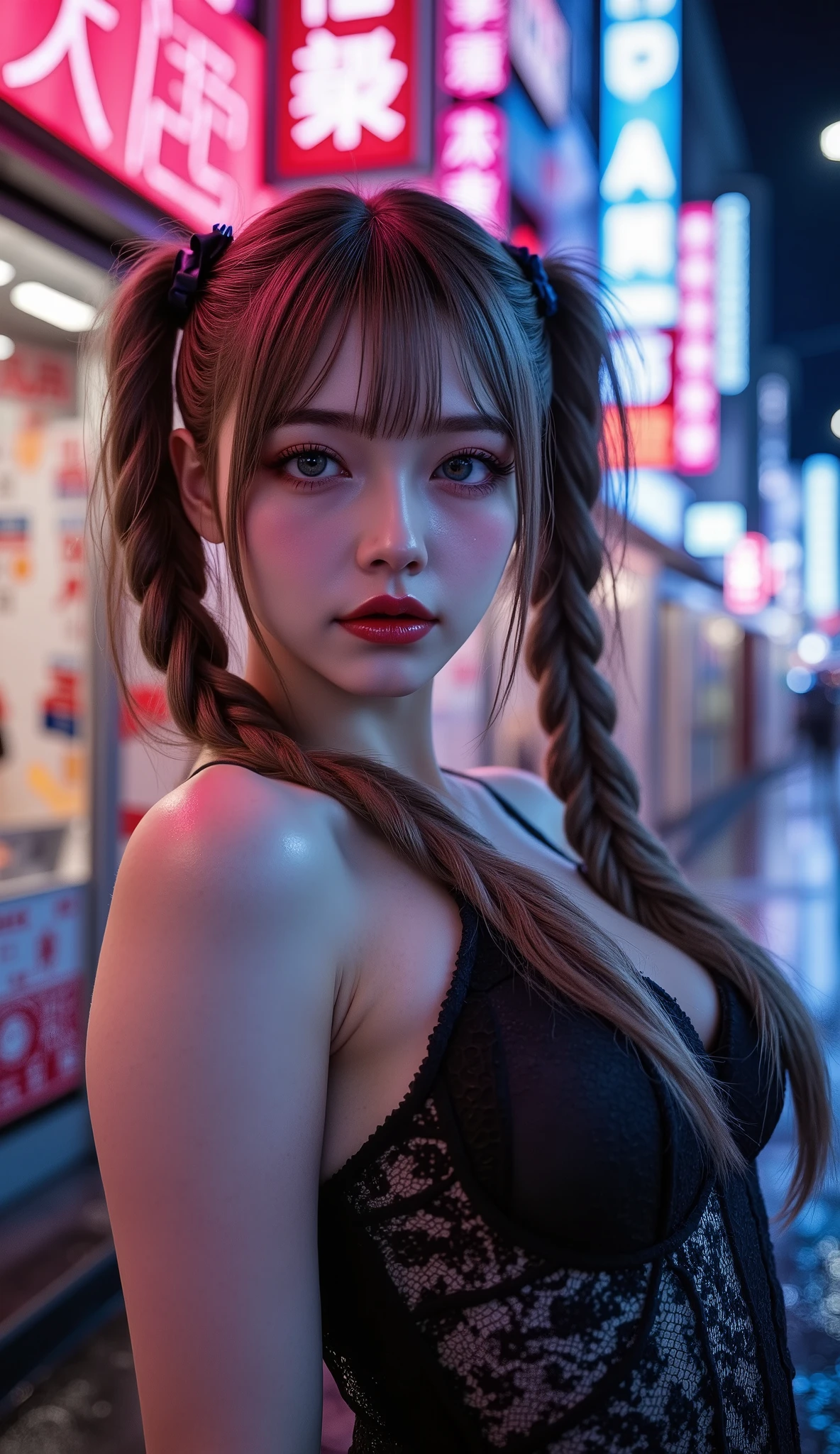  [Style: "masterpiece, realistic (Photorealistic realism), Hyper high resolution, (ultra quality, intricately detailed digital art), focus on extremely Realistic Proportion Body"] (Key Directive: "Prioritize anatomical accuracy and material textures") "Portrait of {woman in Tup tube standing on the street, full body shot | ultra realistic texture details: velvety skin, hair}" {Character: "20-year-old white woman, ((full and firm breas:1.3)), ((small butt))" | Face: "symmetrical, pale skin, full lips" | Eyes: "((sharp focus, no blurry eyes, Hyper absurd quality, Hyper details, Hyper realistic blue eyes:1.2))" - "((extra narrow eyebrows))" - "(Carefully draw Long blue_mascara:1.2)" - "(perfect round eyes)" | Makeup: "detailed lips:1.3, (apply glossy red_lipstick:1.25)" | Hair: "black with braids, (white ribbon)" | Pose: "dynamic side position" | Outfit: [Top: - "Tube (Simple short Tube), Black:1.25)"] [Bottom: "Tube Skirt, (black and tight)"] | Environment: "Tokyo backstreet at night (rain-slick asphalt, neon signage in Japanese)" | Lighting: - "Cinematic neon wash (pink/cyan dominance)" - "(aim into the distance and shoot)'' (Rendering engine: "Unreal Engine 5 path tracing, 16K texture maps"). The ultra-Highres,Unreal 5,Subsurface scattering,PBR Texturing,Post-Processing,Anisotropic Filtering,depth of fields,Maximum Sharpness and Sharpness,multi-layered texture,Albedo and Specular maps,Surface Shading,Precise simulation of light-material interactions,perfectly proportions,Octane rendering,Two-tone illumination,Wide Aperture, low ISO, white balance, The rule of thirds }