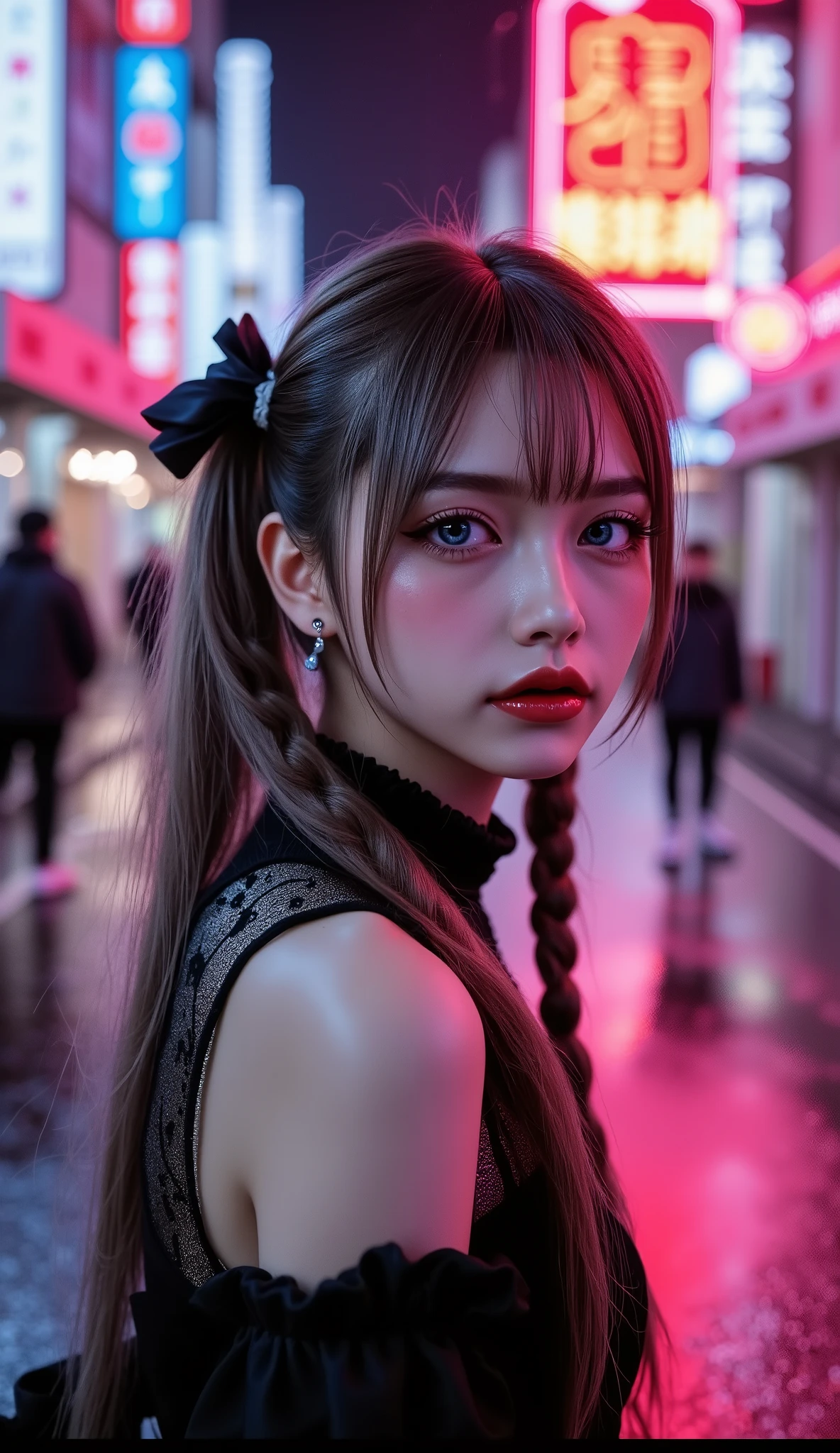  [Style: "masterpiece, realistic (Photorealistic realism), Hyper high resolution, (ultra quality, intricately detailed digital art), focus on extremely Realistic Proportion Body"] (Key Directive: "Prioritize anatomical accuracy and material textures") "Portrait of {woman in Tup tube standing on the street, full body shot | ultra realistic texture details: velvety skin, hair}" {Character: "20-year-old white woman, ((full and firm breas:1.3)), ((small butt))" | Face: "symmetrical, pale skin, full lips" | Eyes: "((sharp focus, no blurry eyes, Hyper absurd quality, Hyper details, Hyper realistic blue eyes:1.2))" - "((extra narrow eyebrows))" - "(Carefully draw Long blue_mascara:1.2)" - "(perfect round eyes)" | Makeup: "detailed lips:1.3, (apply glossy red_lipstick:1.25)" | Hair: "black with braids, (white ribbon)" | Pose: "dynamic side position" | Outfit: [Top: - "Tube (Simple short Tube), Black:1.25)"] [Bottom: "Tube Skirt, (black and tight)"] | Environment: "Tokyo backstreet at night (rain-slick asphalt, neon signage in Japanese)" | Lighting: - "Cinematic neon wash (pink/cyan dominance)" - "(aim into the distance and shoot)'' (Rendering engine: "Unreal Engine 5 path tracing, 16K texture maps"). The ultra-Highres,Unreal 5,Subsurface scattering,PBR Texturing,Post-Processing,Anisotropic Filtering,depth of fields,Maximum Sharpness and Sharpness,multi-layered texture,Albedo and Specular maps,Surface Shading,Precise simulation of light-material interactions,perfectly proportions,Octane rendering,Two-tone illumination,Wide Aperture, low ISO, white balance, The rule of thirds }