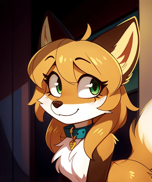 Nervous smiling, uploaded the e621, beautiful and detailed, woman (((female))) ((anthro)) Fox, (Averi, Fox girl), by waspsalad, by phluks, by zero-sum, cinematic lighting, Fox, (anthro, fluffy fur, character focus:1.1), 1girl, anthro fox girl, body fur, curvy, sexy, nice, cute, hot, comfortable anime-style cartoon-style, digital drawing, collar, (half-closed eyes), green eyes, bent over