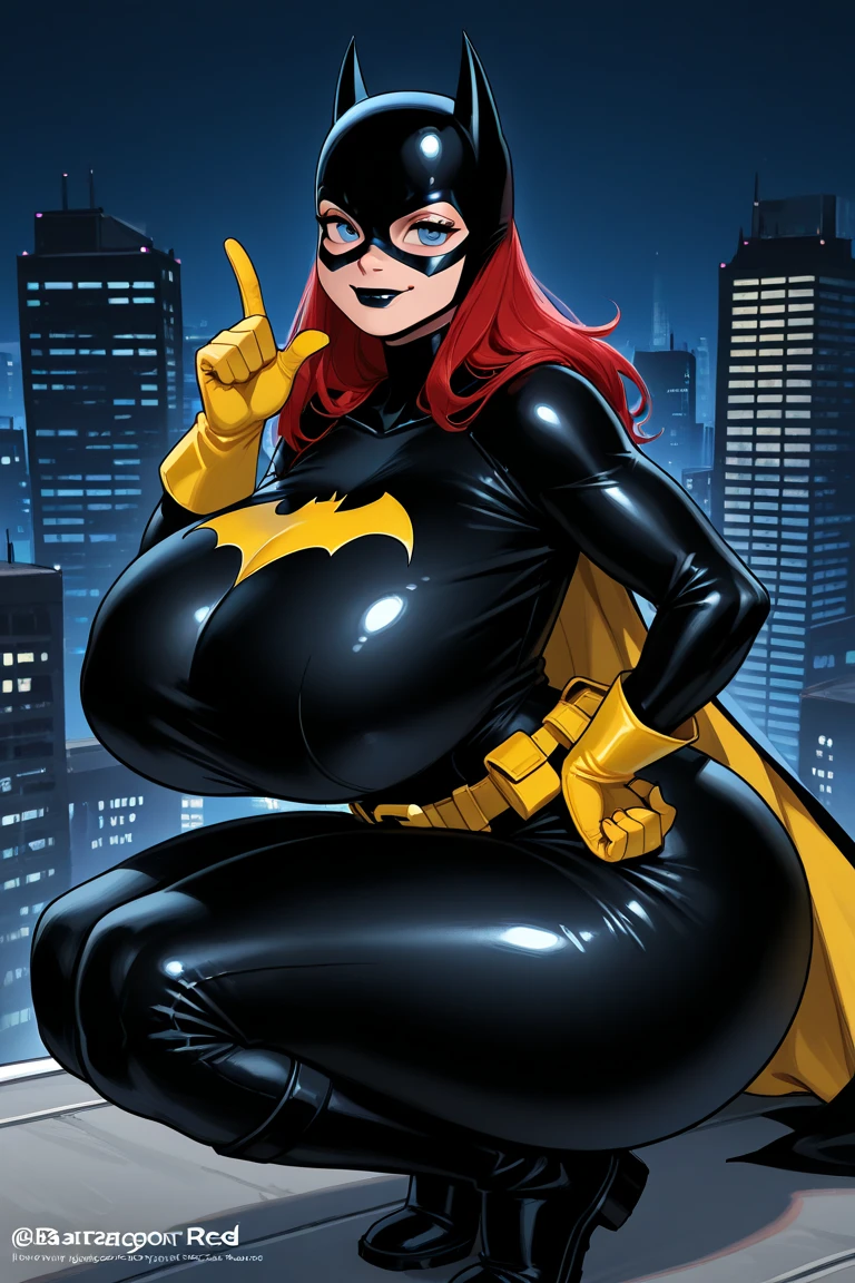(masterpiece quality1.1), (insanely sophisticated detailed1.2), (realistic detailed beautiful face1.3), (1girl), beautiful face, RAW photo, best quality, high resolution, (masterpiece), POV, Batgirl, DC Comics, skintight outfit, Red hair, standing on Gotham City Rooftop, ((enormous belly)), ((incredibly overstuffed belly)), (photorealistic:1.4), dynamic volumetric lighting, professional photography, sharp focus, HDR, 8K resolution, beautiful angular face, high rating, intricate detail, sophisticated detail, depth of field, detailed soft eyes, big eyes, chubby, soft fat, smooth skin, tight clothes, undersized clothes, (correct anatomy1.6), ((hyper swollen belly1.5))