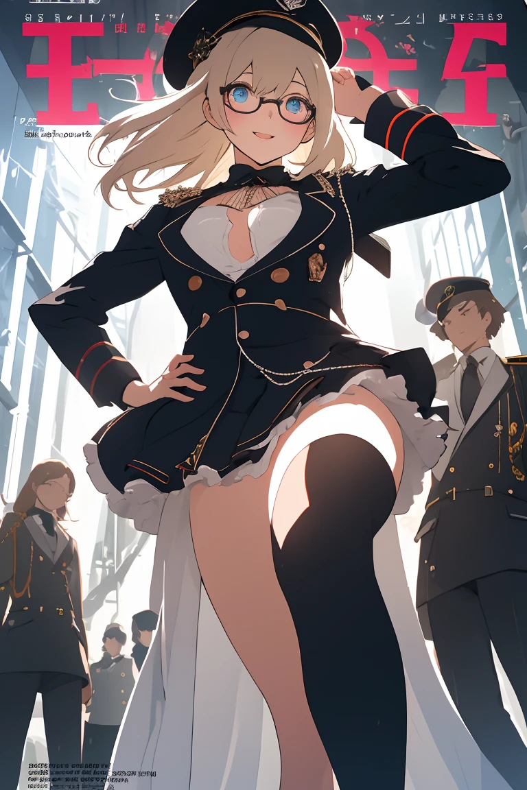 (((masterpiece))), best quality, highly detailed,extremely detailed CG unity 8k wallpaper,illustration, solo female,fren,bow,hat,skirt,dark blue skirt,pantyhose,small breast,solo,dark blue eyes,medium hair,blonde ,muscle,belly,small breast,indoor,grey backgrpund, pipe,strong light and shadow contrast ,pantyhose,blood,cinematic shot,surrounded by men in suit,injured,angry face,Studio lighting,3men in suit holding a gun,