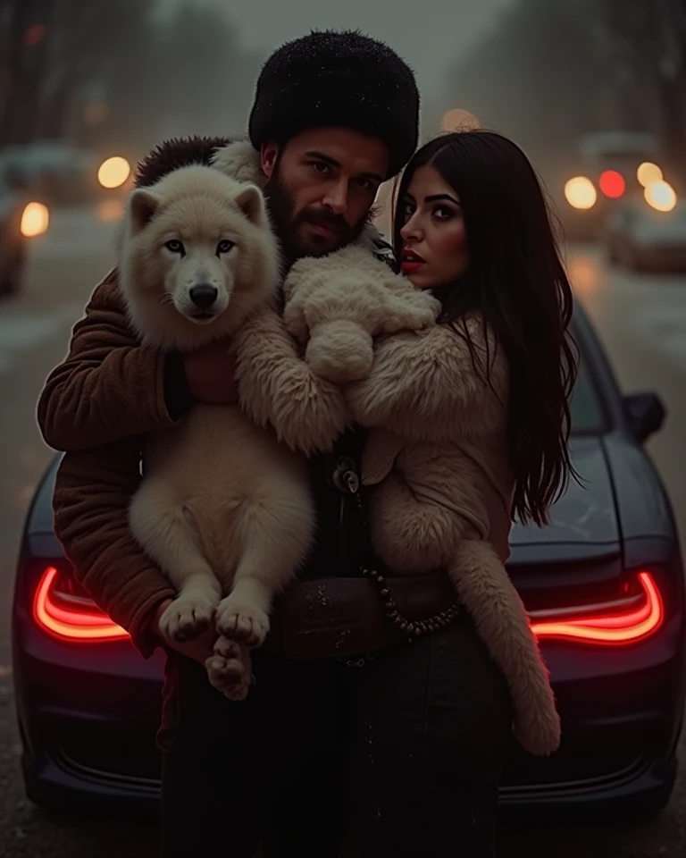 Man in wolf mask with Ray-Ban glasses, Adidas sweatshirt, jeans, tennis Nike, puma cap, hugging woman in gold lingerie, with huge breasts, huge buttocks, clear skin, Long hair, messy curly brown hair, green eyes, She with a fox tail, she with fox ears, Rolex watch, in Mexico City.
