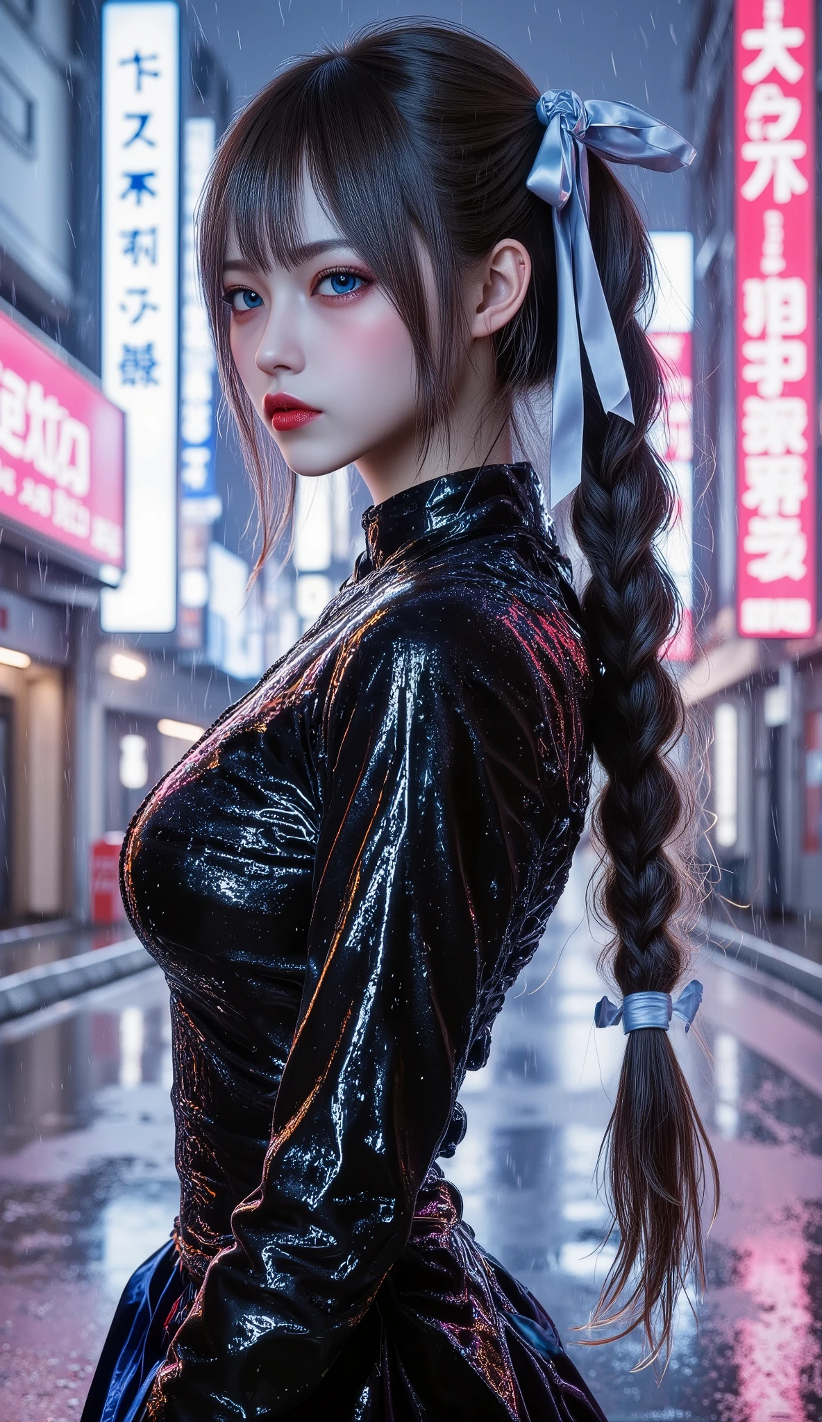  [Style: "masterpiece, realistic (Photorealistic realism), Hyper high resolution, (ultra quality, intricately detailed digital art), focus on extremely Realistic Proportion Body"] (Key Directive: "Prioritize anatomical accuracy and material textures") "Portrait of {woman in Tup tube standing on the street, full body shot | ultra realistic texture details: velvety skin, hair}" {Character: "20-year-old white woman, ((full and firm breas:1.3)), ((small butt))" | Face: "symmetrical, pale skin, full lips" | Eyes: "((sharp focus, no blurry eyes, Hyper absurd quality, Hyper details, Hyper realistic blue eyes:1.2))" - "((extra narrow eyebrows))" - "(Carefully draw Long blue_mascara:1.2)" - "(perfect round eyes)" | Makeup: "detailed lips:1.3, (apply glossy red_lipstick:1.25)" | Hair: "black with braids, (white ribbon)" | Pose: "dynamic side position" | Outfit: [Top: - "Tube (Simple short Tube), Black:1.25)"] [Bottom: "Tube Skirt, (black and tight)"] | Environment: "Tokyo backstreet at night (rain-slick asphalt, neon signage in Japanese)" | Lighting: - "Cinematic neon wash (pink/cyan dominance)" - "(aim into the distance and shoot)'' (Rendering engine: "Unreal Engine 5 path tracing, 16K texture maps"). The ultra-Highres,Unreal 5,Subsurface scattering,PBR Texturing,Post-Processing,Anisotropic Filtering,depth of fields,Maximum Sharpness and Sharpness,multi-layered texture,Albedo and Specular maps,Surface Shading,Precise simulation of light-material interactions,perfectly proportions,Octane rendering,Two-tone illumination,Wide Aperture, low ISO, white balance, The rule of thirds }