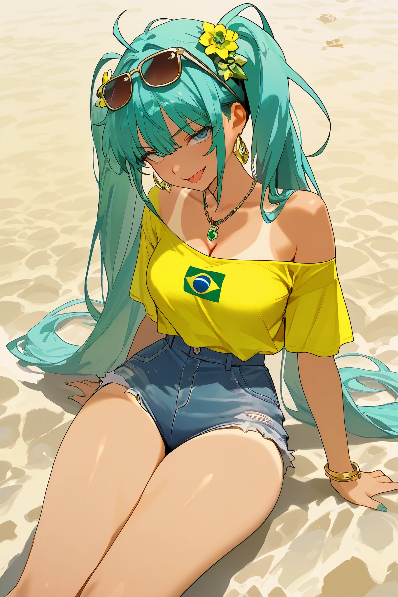 hatsune miku brazilian, ((girl making lewd penetration gestures)), ((girl full of naughty expression)), (young girl), suntan marks, BREAK girl, coquette girl, golden bracelets, necklaces, gold earrings, one flower hair ornament, dark glasses on the head, blue hair, twintails, long hair, round large blue eyes, giving tongue, medium breasts, thin waist, wide hips, (large ass), thin thighs, body with perfect curves, brown skinned girl, shirt with dropped sleeves, cleavage, bare shoulders, ((yellow top shirt)), ((Brazil flag in the middle of the shirt)), denim shorts,
beach, masterpiece, best quality, amazing quality, very aesthetic, absurdres, newest, super detailed, extremely detailed, nsfw, explicit