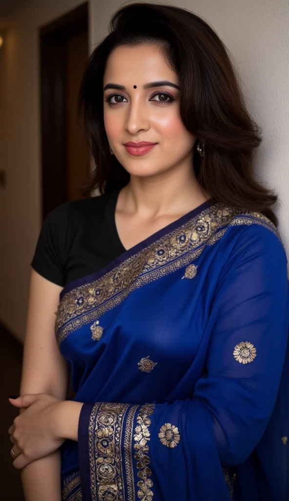  A beautiful indian house wife, in  conservative blue 
 saree with ethnic black blouse,rebrandt lighting scheme, dramatic lighting, photo shoot for saree, subtle smile(best quality, 4k, 8k, highres, masterpiece:1.2), ultra-detailed, (realistic, photorealistic, photo-realistic:1.37)