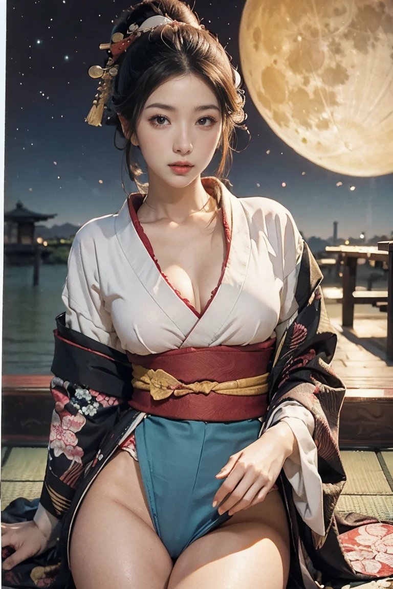 (Best Quality, Masterpiece:1.4), (Realism:1.2), (Realisitc:1.2), (Absurdres:1.2), (photorealistic:1.3), 1girl,Realistic Skin,Solo,( Very Big Eyes,beautiful detailed eyes, symmetric eyes,),outdoors,huge breasts,standing,, <lora:ShinanoWhiteFrilledBikiniWhiteChoker:0.75>,cowboy shot, fox girl, multiple tails, alshin, bare legs, east asian architecture, off shoulder, kimono, cleavage, night, lantern, street, butterfly hair ornament, no panties, pelvic curtain, full moon,
