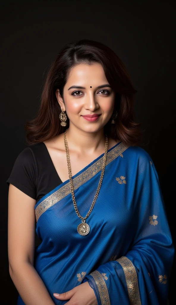  A beautiful indian house wife, in  conservative blue 
 saree with ethnic black blouse,rebrandt lighting scheme, dramatic lighting, photo shoot for saree, subtle smile(best quality, 4k, 8k, highres, masterpiece:1.2), ultra-detailed, (realistic, photorealistic, photo-realistic:1.37)