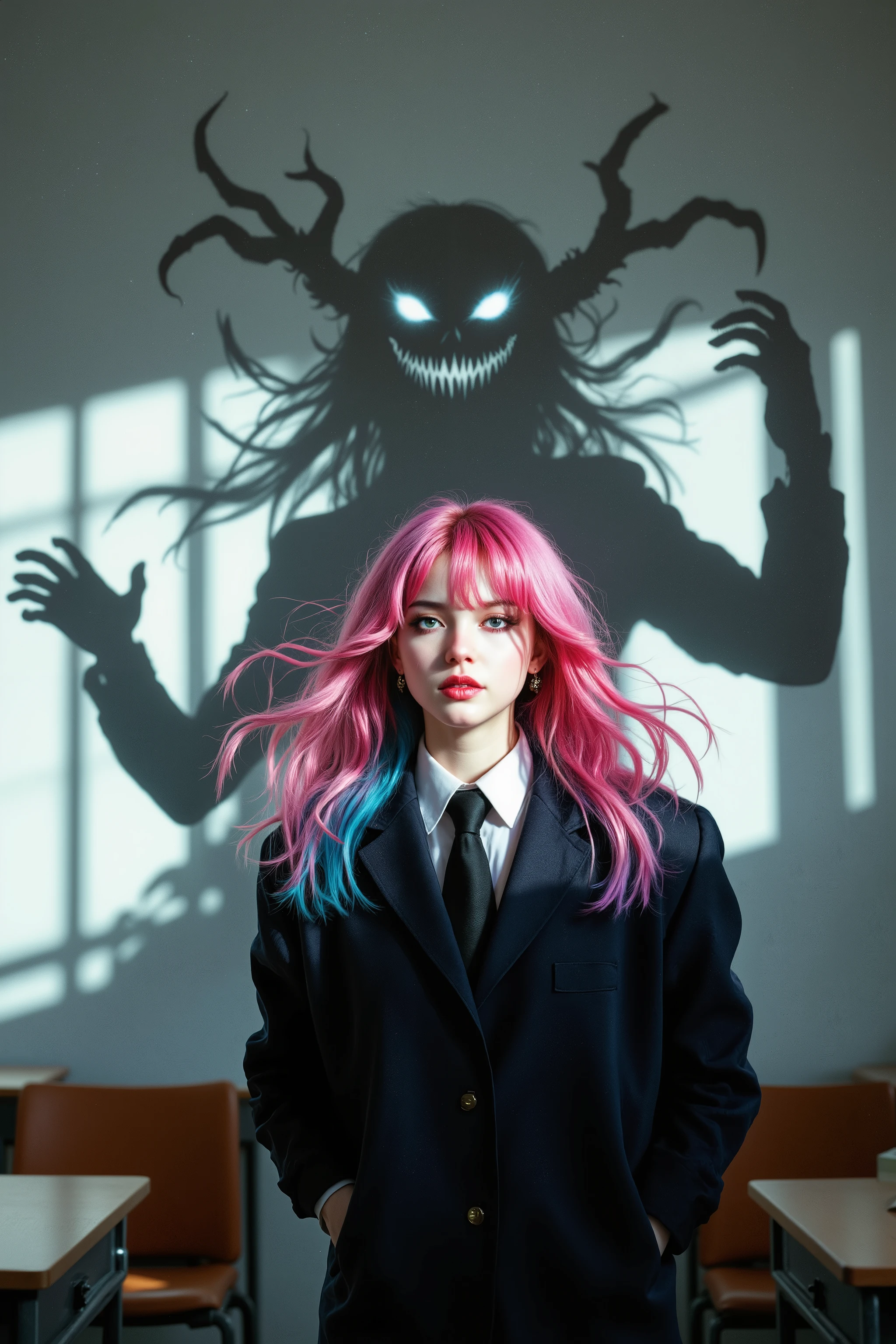 A hyper-realistic depiction of a mysterious transfer student standing before her new class, introducing herself with an enigmatic expression. She is strikingly beautiful, with flowing, brightly colored hair—vivid shades like pink, blue, or purple—and piercing eyes that seem to hold unspoken secrets. She wears a dark yet stylish school uniform with subtle but elegant details, contrasting sharply against the neutral tones of the classroom.
Behind her, cast on the wall by the classroom's soft, natural light, is her shadow—but it is wrong. Unlike an ordinary silhouette, it takes on a grotesque, almost monstrous form, with elongated fingers, twisted limbs, and a faintly malicious grin stretching across its face. The shadow appears to shift subtly, as if moving of its own accord, stretching toward the students, though it remains bound to the natural behavior of real shadows.
The classroom setting is minimalist, ensuring focus remains on the contrast between the girl and her unsettling shadow. Soft, ambient lighting highlights her presence, giving her an almost ethereal glow, while the shadow remains deep, dark, and eerie. The perspective is slightly low-angle, emphasizing her quiet dominance over the scene while subtly hinting at the eerie presence lurking behind her.
Created Using: hyper-realistic detailing, striking color contrasts, natural shadow rendering with surreal distortion, minimalist background, psychological horror aesthetics, dynamic light contrasts, soft focus edges, and impressionistic light play, HD quality, natural look.