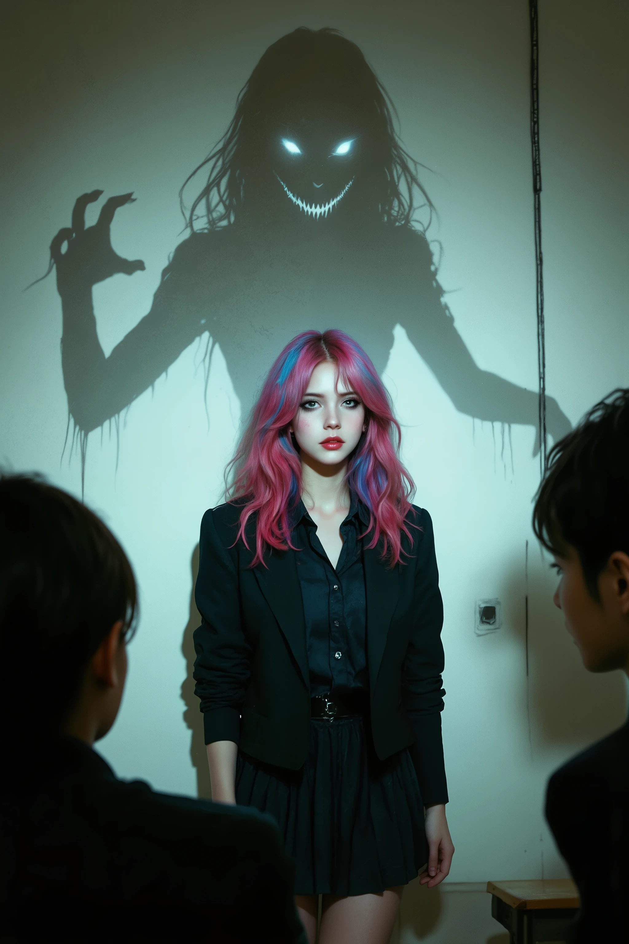 A hyper-realistic depiction of a mysterious transfer student standing before her new class, introducing herself with an enigmatic expression. She is strikingly beautiful, with flowing, brightly colored hair—vivid shades like pink, blue, or purple—and piercing eyes that seem to hold unspoken secrets. She wears a dark yet stylish school uniform with subtle but elegant details, contrasting sharply against the neutral tones of the classroom.
Behind her, cast on the wall by the classroom's soft, natural light, is her shadow—but it is wrong. Unlike an ordinary silhouette, it takes on a grotesque, almost monstrous form, with elongated fingers, twisted limbs, and a faintly malicious grin stretching across its face. The shadow appears to shift subtly, as if moving of its own accord, stretching toward the students, though it remains bound to the natural behavior of real shadows.
The classroom setting is minimalist, ensuring focus remains on the contrast between the girl and her unsettling shadow. Soft, ambient lighting highlights her presence, giving her an almost ethereal glow, while the shadow remains deep, dark, and eerie. The perspective is slightly low-angle, emphasizing her quiet dominance over the scene while subtly hinting at the eerie presence lurking behind her.
Created Using: hyper-realistic detailing, striking color contrasts, natural shadow rendering with surreal distortion, minimalist background, psychological horror aesthetics, dynamic light contrasts, soft focus edges, and impressionistic light play, HD quality, natural look.