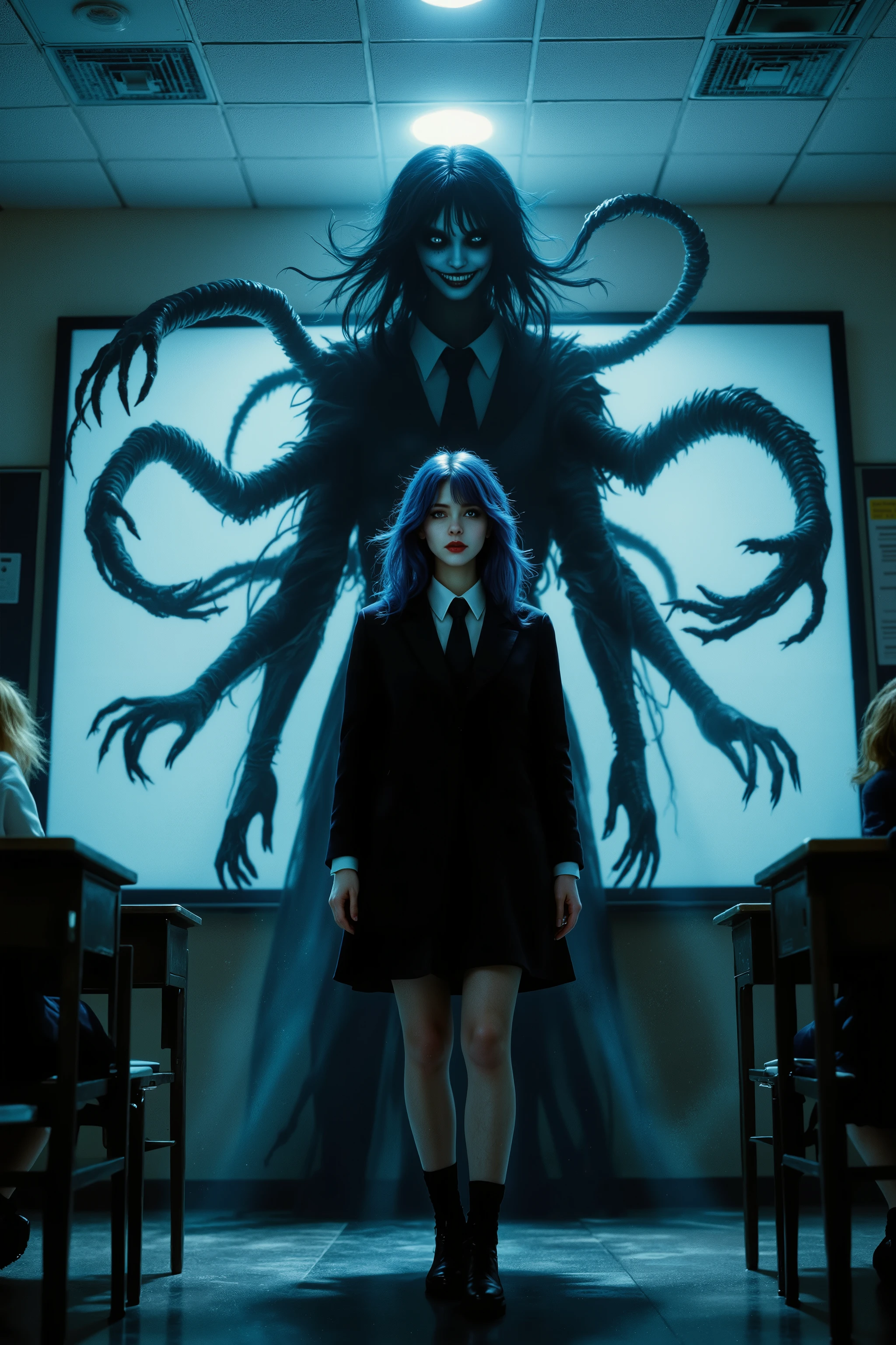 A hyper-realistic depiction of a mysterious transfer student introducing herself in class. She is strikingly beautiful, with flowing, vividly colored hair and piercing eyes, wearing a dark yet elegant school uniform. Behind her, her shadow takes on a twisted, monstrous form—elongated fingers, distorted limbs, and a sinister grin—stretching unnaturally yet still bound to the light’s logic. The classroom is minimalist, with soft lighting casting an eerie contrast between her ethereal presence and the unsettling figure behind her. The low-angle perspective enhances her quiet dominance while hinting at the horror lurking in her shadow.