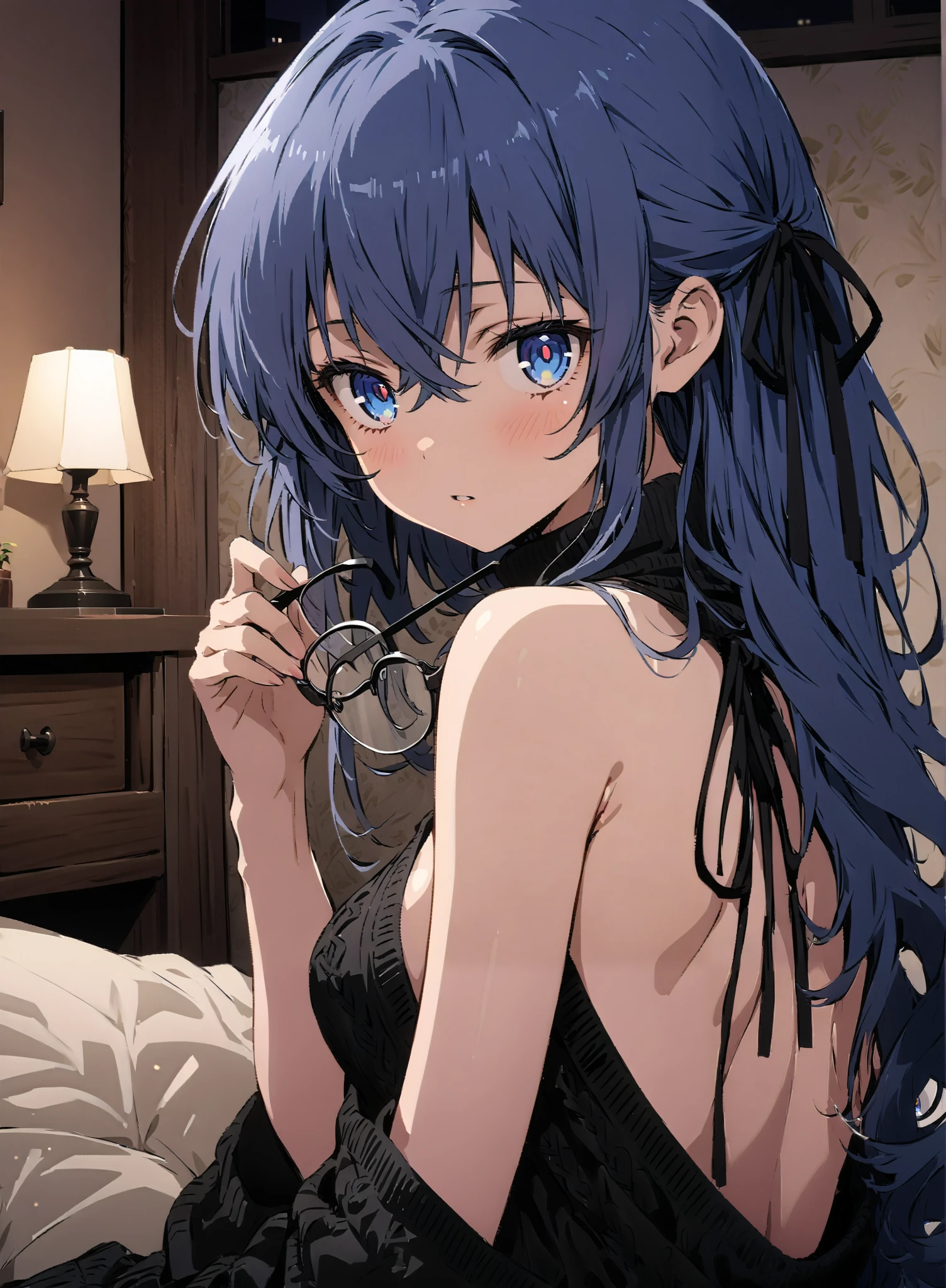 score_9, score_8_up, score_7_up, source_anime,
Roximigurdia, Roxy Migurdia, stupid hair, black ribbon, blue eyes, Lantern, knitting glasses, o, hair ribbon, 長い髪knitting glasses twin knitting glassess,
Virgin Killer Sweater, Naked Sweater, sweater dress, Open back clothing, turtleneck sweater, backless dress, sideboob,Black Panty Stockings, is turning, Interior ,Beautiful cityscape, sitting on the bed,night,full bodyがillustrationsに入るように, break indoors, bedroom,
break looking at viewer,full body,
break (masterpiece:1.2), Best Quality, High Resolution, Unity 8K Wallpaper , (illustrations:0.8), (Beautiful Detailed Eyes:1.6), very detailed face, perfect lighting, highly detailed CG, (perfect hands, perfect anatomy),