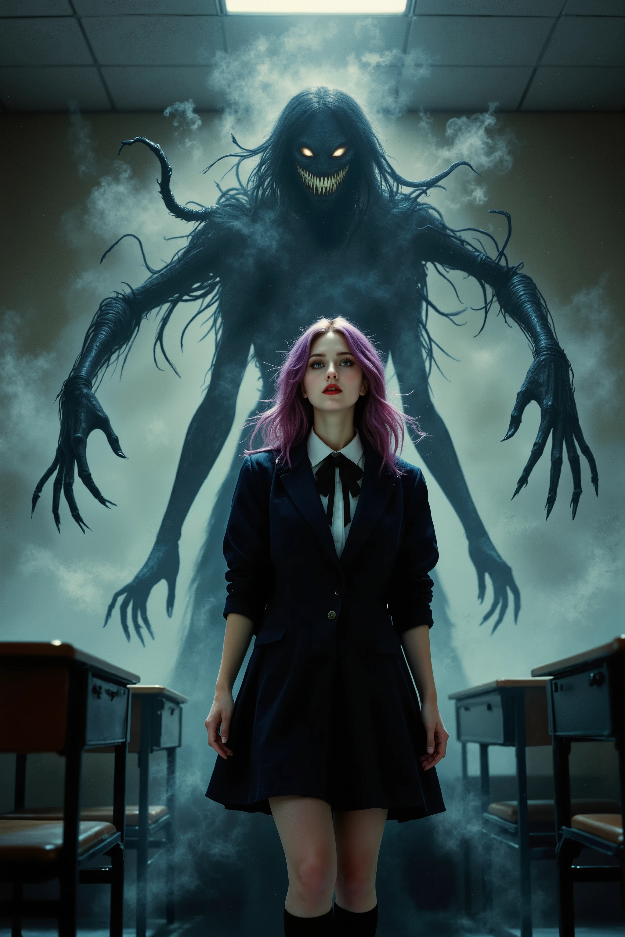 A hyper-realistic depiction of a mysterious transfer student introducing herself in class. She is strikingly beautiful, with flowing, vividly colored hair and piercing eyes, wearing a dark yet elegant school uniform. Behind her, her shadow takes on a twisted, monstrous form—elongated fingers, distorted limbs, and a sinister grin—stretching unnaturally yet still bound to the light’s logic. The classroom is minimalist, with soft lighting casting an eerie contrast between her ethereal presence and the unsettling figure behind her. The low-angle perspective enhances her quiet dominance while hinting at the horror lurking in her shadow.