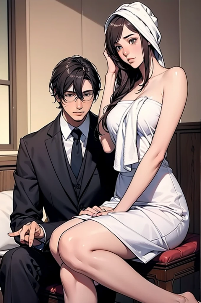 (Masterpiece, Best Picture, High Resolution, official art, incredibly fine illustration, extremely detailed CG), The film depicts a familiar call girl entering a room and having a casual conversation with a regular customer. The atmosphere is relaxed and friendly, as if they have met many times. The setting is a private room and the situation is kept professional. It contains subtle elements of humor, with the man and woman exchanging a few jokes and light banter, indicating a comfortable intimacy. They are aware of the partner with whom they are about to engage in sexual activity. nsfw, Beautiful breasts, Erotic Lips