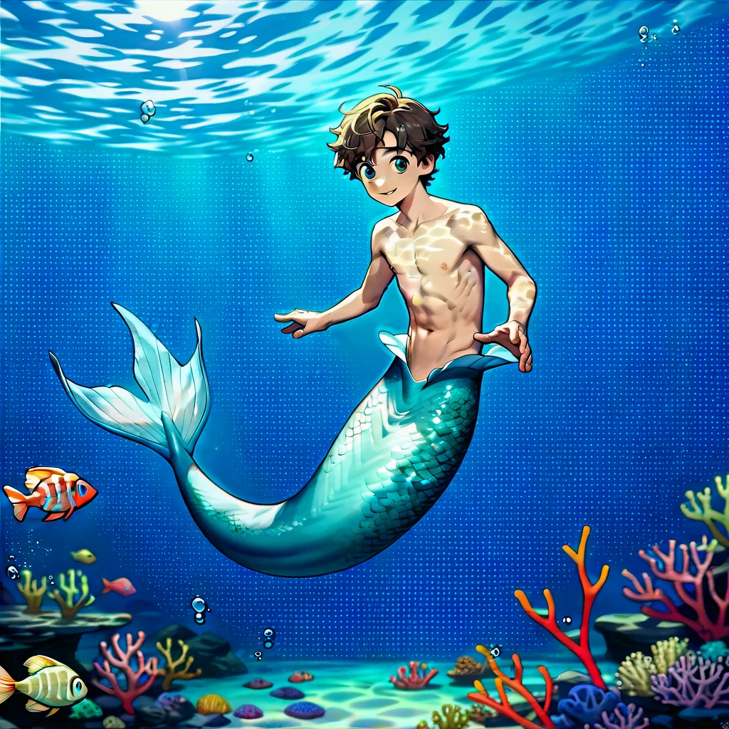 The Q version of the cute human, male, human ears, swiming inside water, smiling, eyes looking at viewer, happy, smile, grin, back view, behind view, rear view, butt, floppy ear, cute, underwater, depths of the ocean, water,, naked, nude, full body, small anus, shorstack, pudgy,