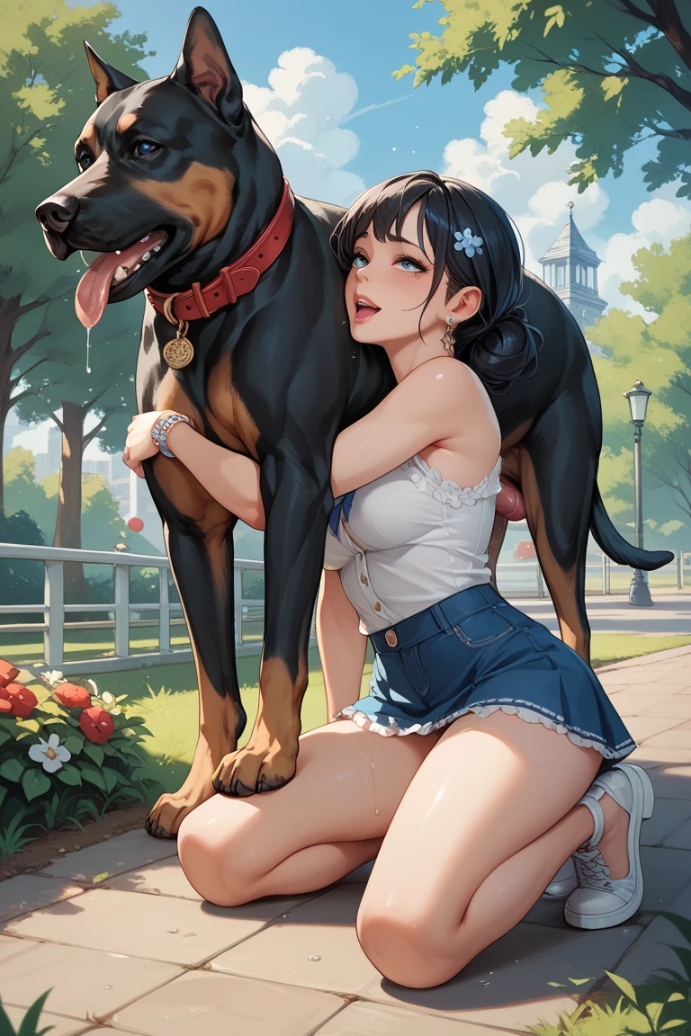 A woman in jeans is kneeling with a dog on her lap, Japanese、1girl, Highly realistic photos, Photorealistic