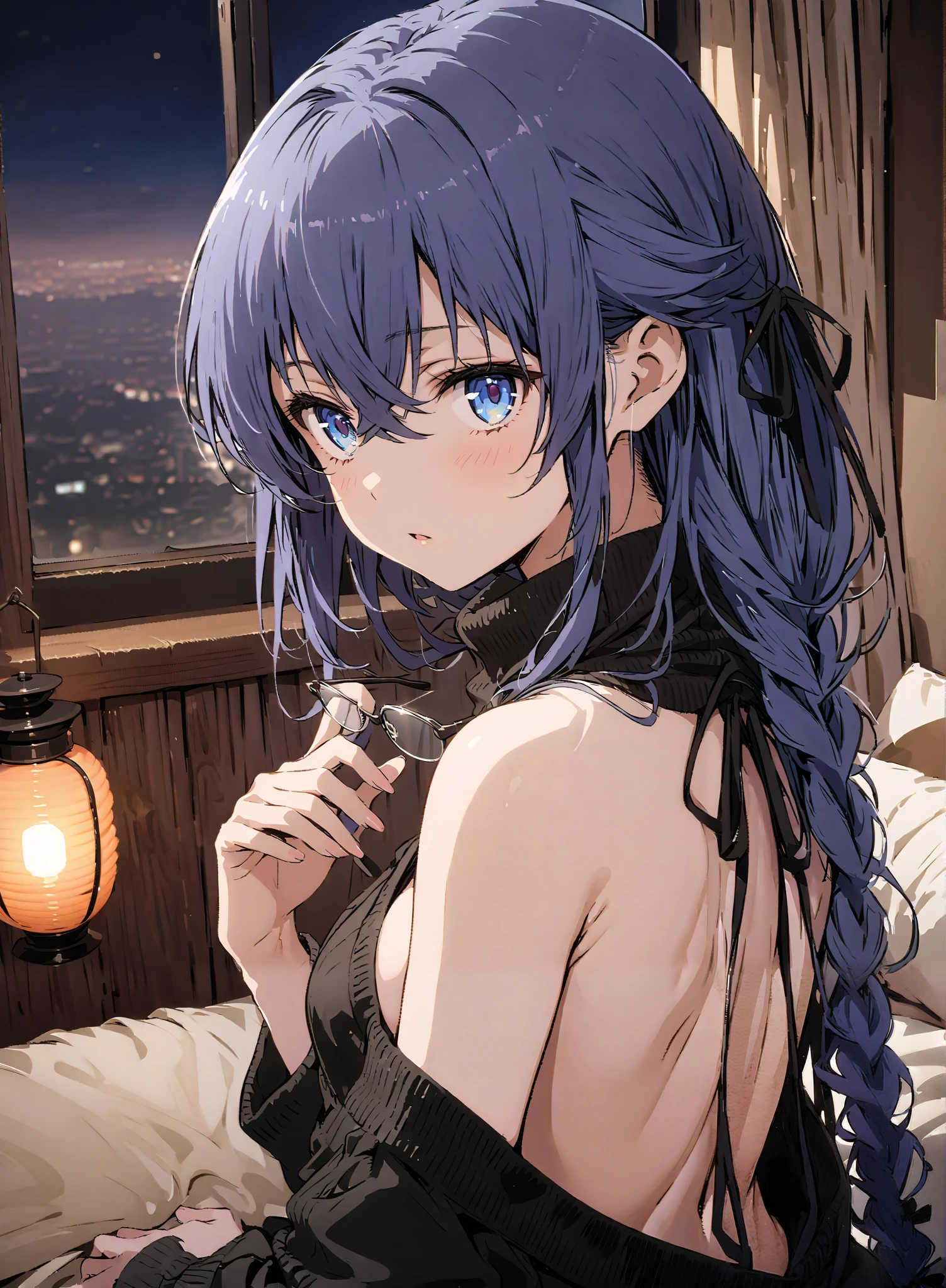 score_9, score_8_up, score_7_up, source_anime,
Roximigurdia, Roxy Migurdia, stupid hair, black ribbon, blue eyes, Lantern, knitting glasses, o, hair ribbon, 長い髪knitting glasses twin knitting glassess,
Virgin Killer Sweater, Naked Sweater, sweater dress, Open back clothing, turtleneck sweater, backless dress, sideboob,Black Panty Stockings, is turning, Interior ,Beautiful cityscape, sitting on the bed,night,full bodyがillustrationsに入るように, break indoors, bedroom,
break looking at viewer,full body,
break (masterpiece:1.2), Best Quality, High Resolution, Unity 8K Wallpaper , (illustrations:0.8), (Beautiful Detailed Eyes:1.6), very detailed face, perfect lighting, highly detailed CG, (perfect hands, perfect anatomy),