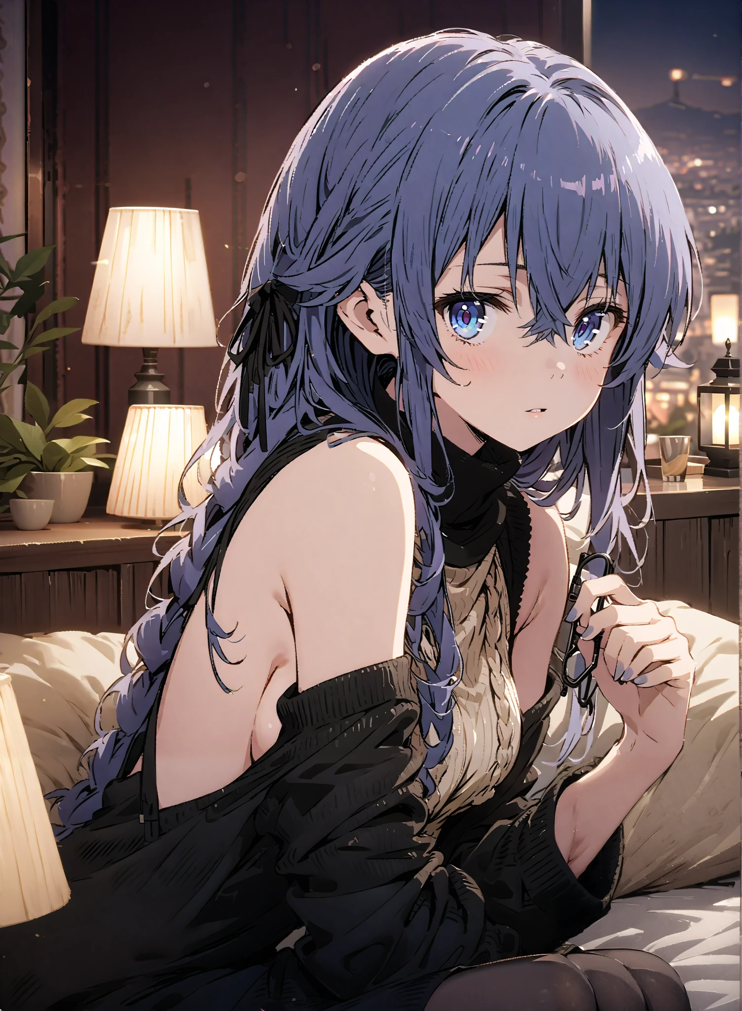 score_9, score_8_up, score_7_up, source_anime,
Roximigurdia, Roxy Migurdia, stupid hair, black ribbon, blue eyes, Lantern, knitting glasses, o, hair ribbon, 長い髪knitting glasses twin knitting glassess,
Virgin Killer Sweater, Naked Sweater, sweater dress, Open back clothing, turtleneck sweater, backless dress, sideboob,Black Panty Stockings, is turning, Interior ,Beautiful cityscape, sitting on the bed,night,full bodyがillustrationsに入るように, break indoors, bedroom,
break looking at viewer,full body,
break (masterpiece:1.2), Best Quality, High Resolution, Unity 8K Wallpaper , (illustrations:0.8), (Beautiful Detailed Eyes:1.6), very detailed face, perfect lighting, highly detailed CG, (perfect hands, perfect anatomy),