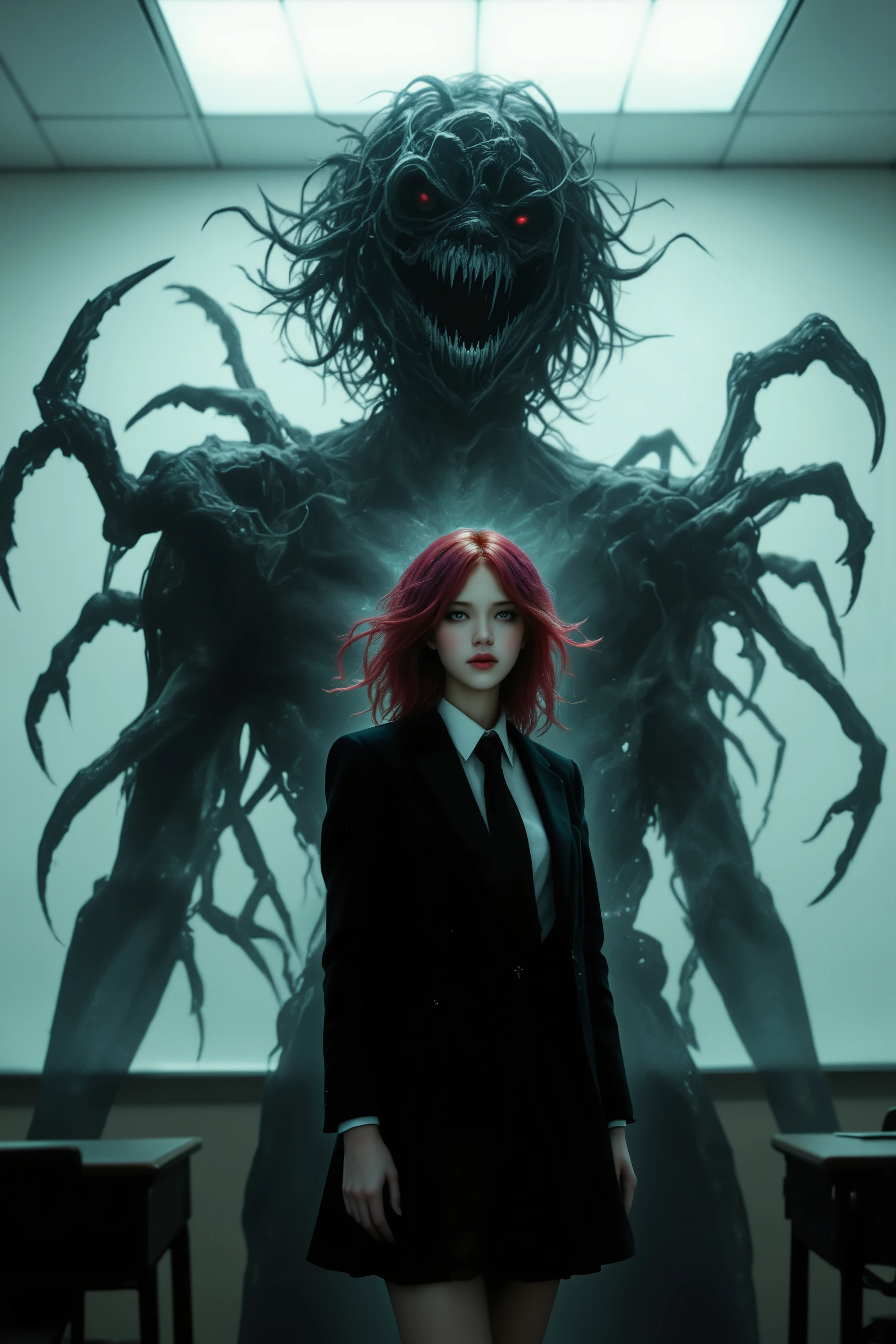 A hyper-realistic depiction of a mysterious transfer student introducing herself in class. She is strikingly beautiful, with flowing, vividly colored hair and piercing eyes, wearing a dark yet elegant school uniform. Behind her, her shadow takes on a twisted, monstrous form—elongated fingers, distorted limbs, and a sinister grin—stretching unnaturally yet still bound to the light’s logic. The classroom is minimalist, with soft lighting casting an eerie contrast between her ethereal presence and the unsettling figure behind her. The low-angle perspective enhances her quiet dominance while hinting at the horror lurking in her shadow.
