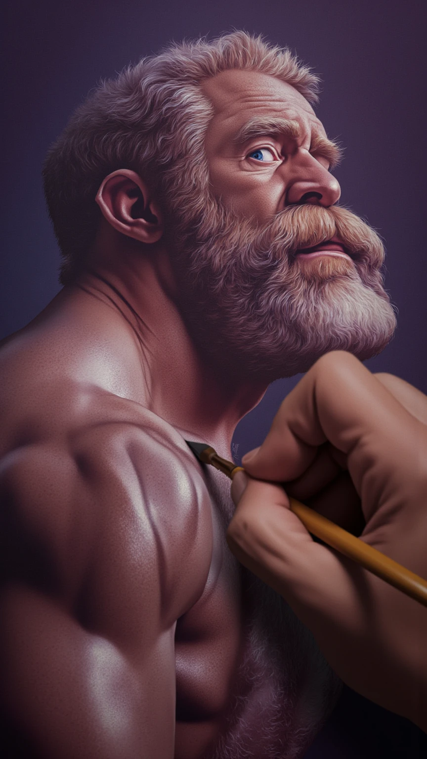 Aristotle giga chad sitting on a ladder with his head tilted slightly upwards showing his chin as he meows while running his finger along his defined chin and jawline