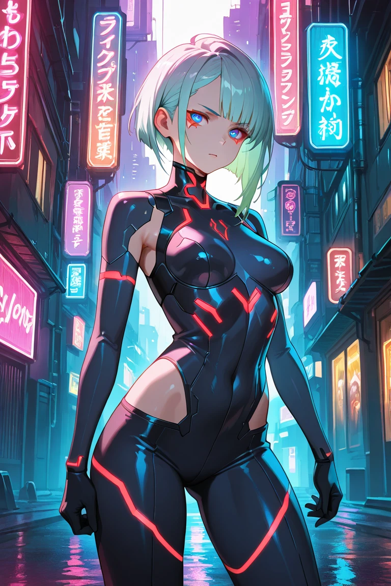 (best quality,ultra-detailed,realistic:1.37),woman cyborg,red eyes,evil,anime,huge ,sleek metallic body,expressionless face,glowing circuits,enormous energy blade,mechanical limbs,dystopian city backdrop,neon lights reflection, night city atmosphere, cowboyshot, thigh gap,