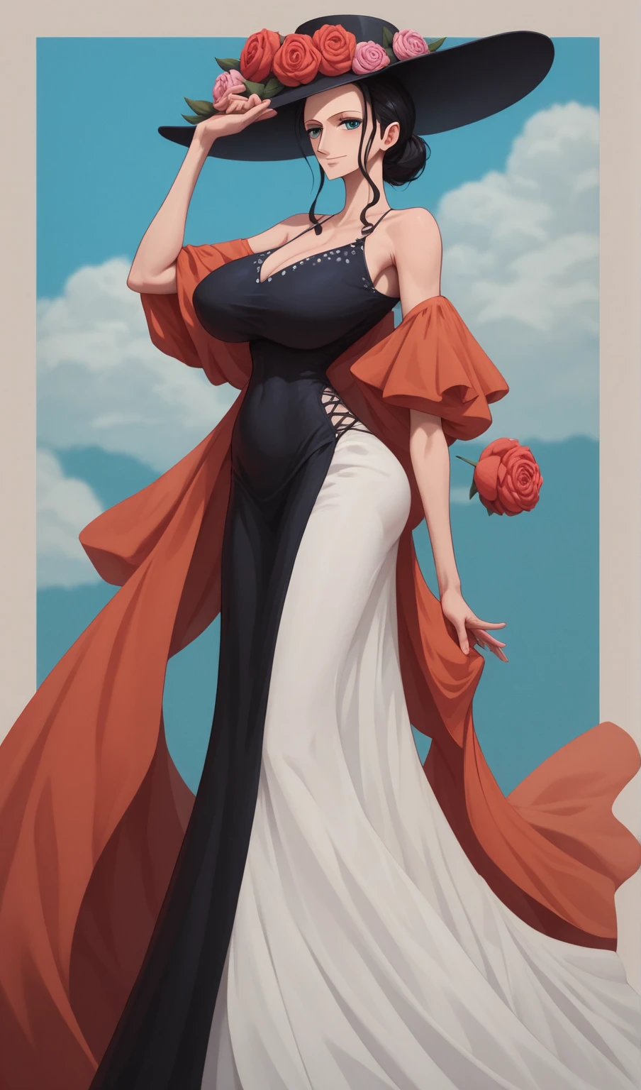 Feminine, Curvy ,Short height, beautiful, pale, big breasts , round face, dark eyes and hair, full body image with a beautiful red long dress