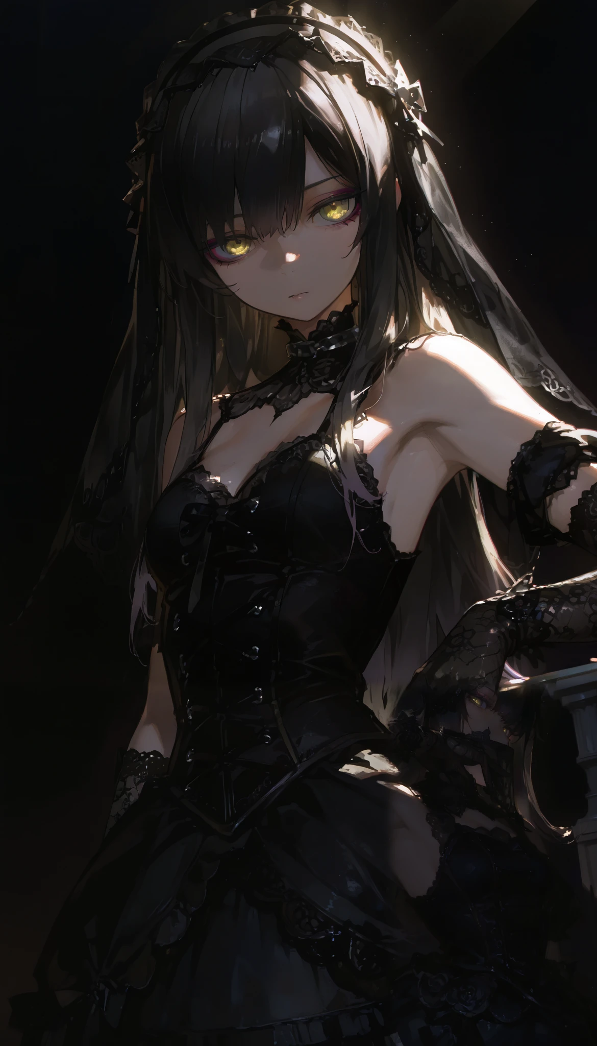top quality , masterpiece, 748cm style , 1 girl, , viewers, , gradient hair, black hair, long hair, yellow eyes , gothic dress, black dress, gothic veil, lace gloves, bridal veil, shoulder, looking at viewer, dark background, perfect waist, standing, eyelevel shots, lace gloves, lace shoulders, armpits, dynamic light, lighting, backlight, gothic make up, eyeliner