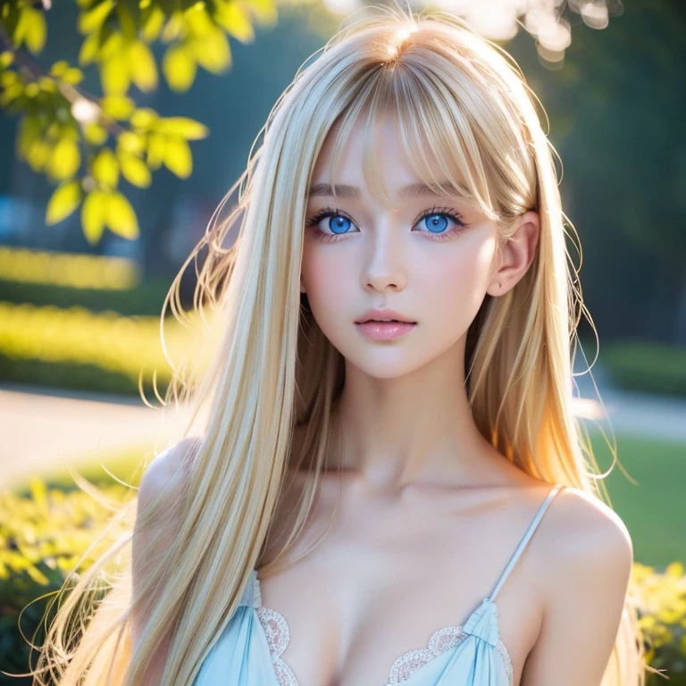 masterpiece、highest quality、High resolution、Highly detailed photos、Professional Lighting、(((Upper body naked)))、Strike a Pose、Sexy maid in the magical forest、The frilly apron must be worn on the lower body only、Portrait、Bright expression、Young shiny glossy white glossy skin、Great looks、Blonde reflection、Platinum blonde hair with dazzling highlights、Shiny bright hair,、Smooth, super long, straight hair、Shiny beautiful bangs、Sparkling, crystal clear, attractive big blue eyes、Very beautiful lovely cute 22 year old girl、Ample Bust、ponytail、Cowboy Shot、Photorealistic