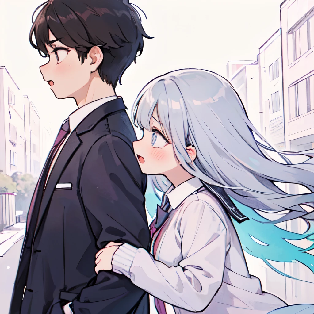 (Best Quality),(Illustration of male and female high school students walking behind the school building),(sad expression),(Duo),(pastel colors:1.3),Dark Hair,(open mouth),(side view:1.4),lean forward,