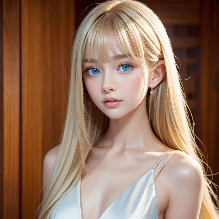 unparalleled beauty, Glossy firm and shiny skin, bangs between the eyes, Glossy Straight Beautiful Platinum Blonde, Super Long Straight Silky Hair, eyeliner, sexyで美しい無邪気な16歳, High definition amazing big beautiful bright light blue eyes, beautiful and nice girl, ((huge ))、((erotic、sexy、ultra high resolution、the lighting is bright、Precise hands without any discomfort))、