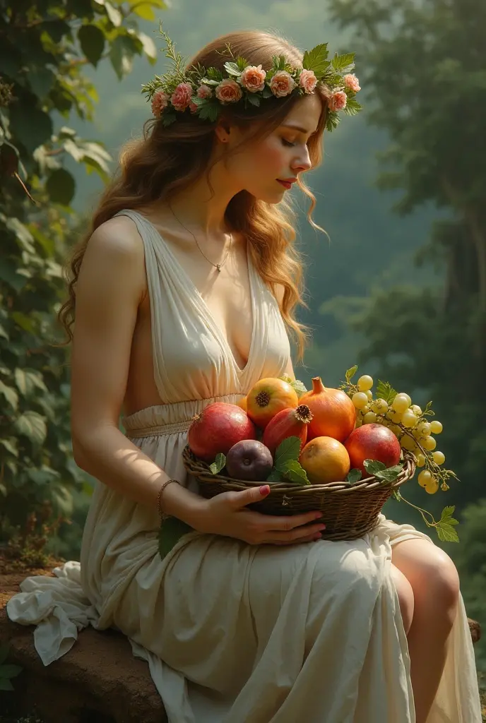 Create an artwork featuring a nude woman embodying the essence of a goddess of abundance and fertility. She is seated gracefully with her knees drawn up, cradling a basket overflowing with various fruits such as grapes, figs, and pomegranates. Her hair is adorned with a crown of flowers and leaves