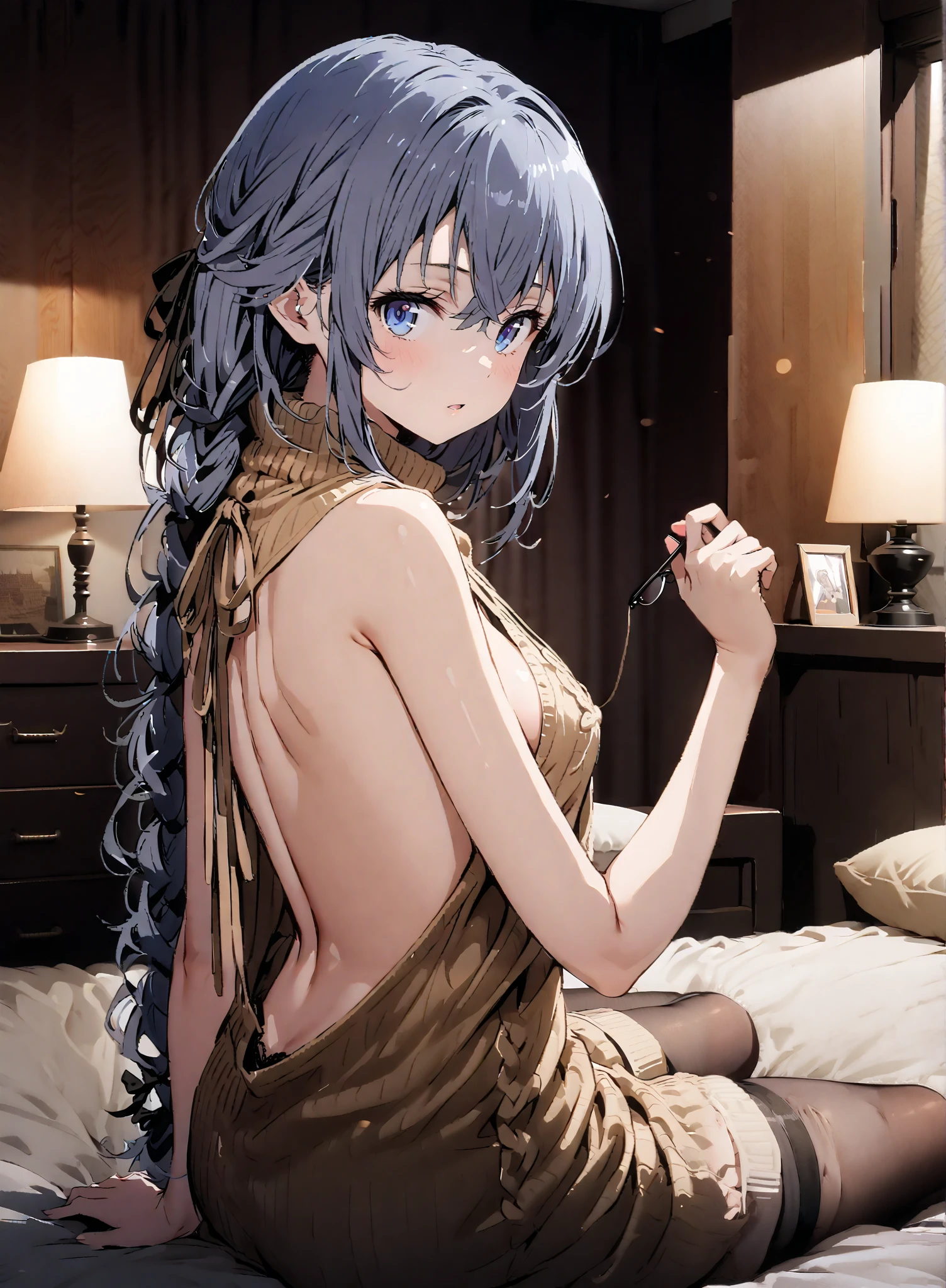 score_9, score_8_up, score_7_up, source_anime,
Roximigurdia, Roxy Migurdia, stupid hair, black ribbon, blue eyes, Lantern, knitting glasses, o, hair ribbon, 長い髪knitting glasses twin knitting glassess,
Virgin Killer Sweater, Naked Sweater, sweater dress, Open back clothing, turtleneck sweater, backless dress, sideboob,Black Panty Stockings, is turning, Interior ,Beautiful cityscape, sitting on the bed,night,full bodyがイラストに入るように, break indoors, bedroom,
break looking at viewer,full body,
break (masterpiece:1.2),Best Quality , kampala, Unity 8K Wallpaper ,(shape:0.8),( fine, beautiful eyes :1.6),It's a person ,full body写真,CG Details , (perfect hands, complete anatomy),