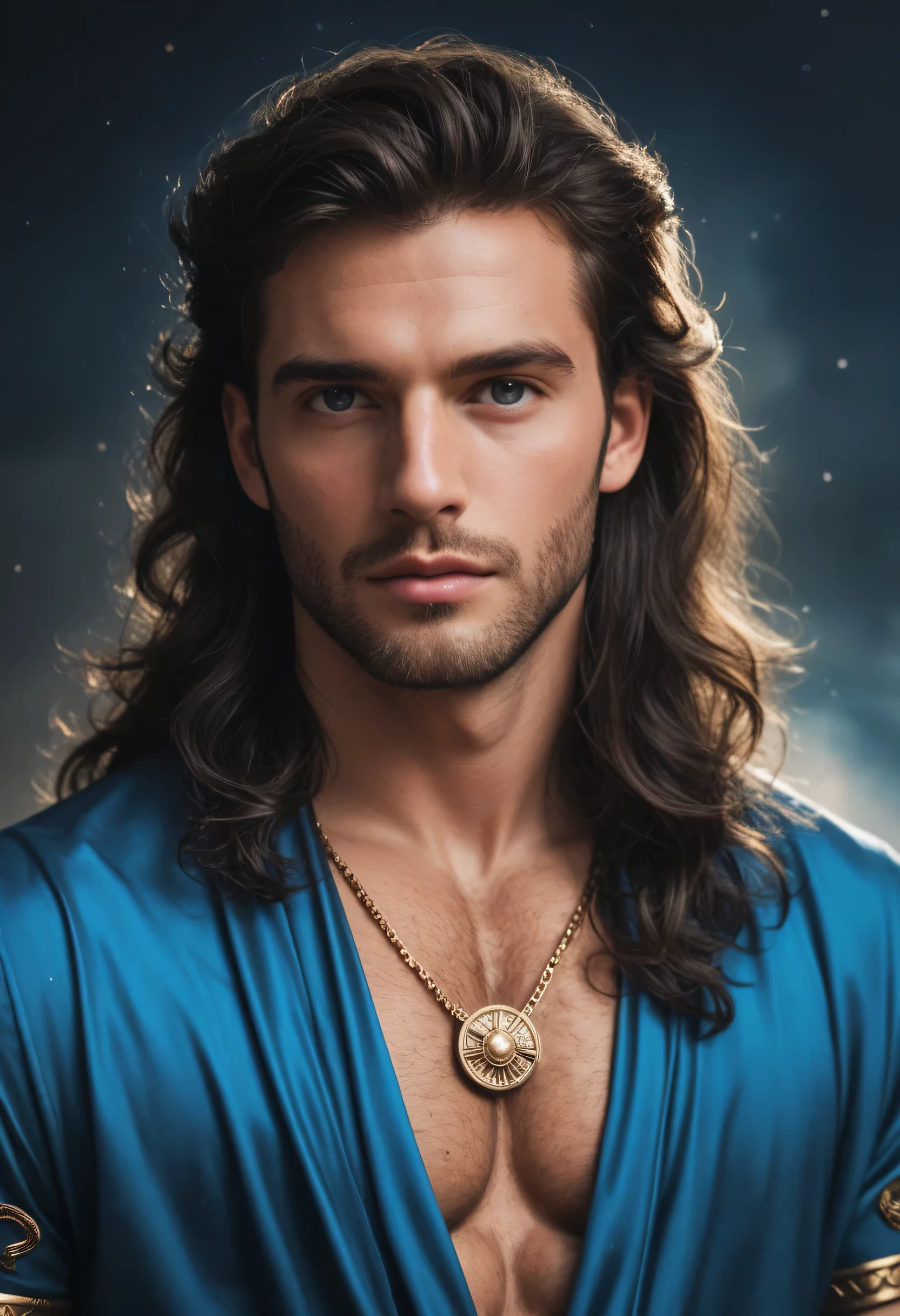 masterpiece, Ultra detailed artistic photography of poseidon., 1 man, perfectly drawn face, 8k photorealistic resolution, ultra high quality model, long hair, greek god costume, detailed space background, 32k, light blue black long hair, athletic man, perfect anatomy, cinematic lighting, intricately detailed, complex, elegant, red tetradic colors, volumetric lighting