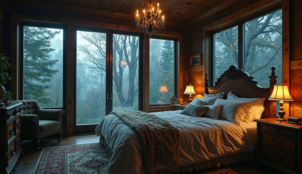 A cozy bedroom in a forest with large panoramic windows without any ...