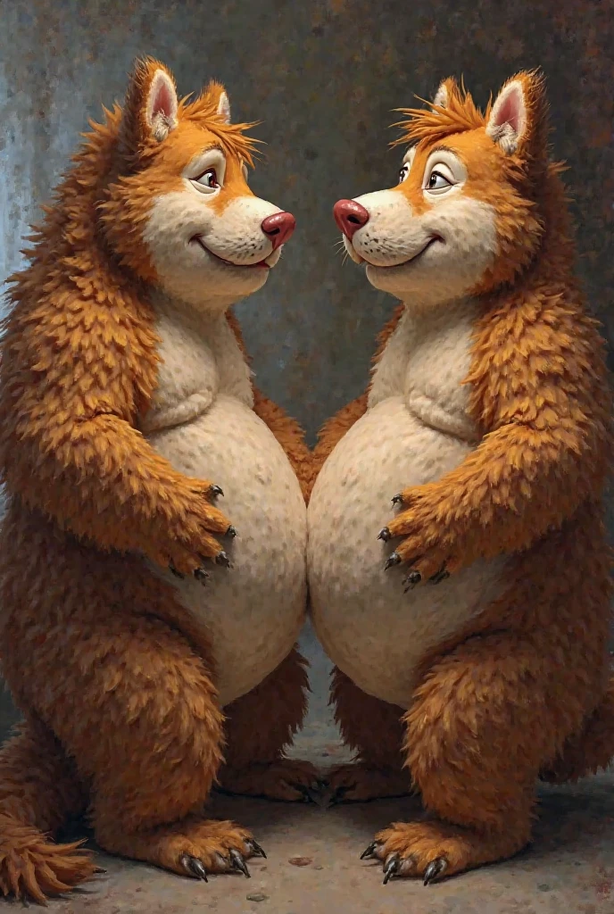 A gorgeous extremely morbidly obese female wolf , long hair , huge belly , huge breasts, huge body,huge thighs , double chin, chubby cheeks duo, pants, t-shirt 