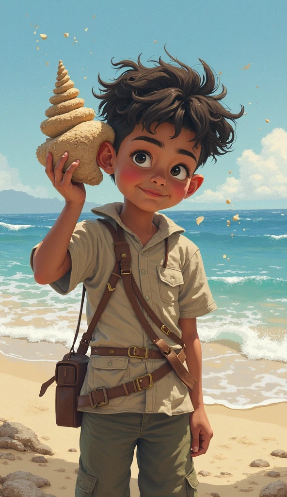 Pintura de Jean-Baptiste Monge depicting a black boy with a small surveying penguin dressed in shorts and beach shirt looking at the stars at night, (Estilo Pixar)++, Jean-Baptiste Monge, In the post-apocalyptic city --Ar 2:3 --testp -otimista; --auto --s2