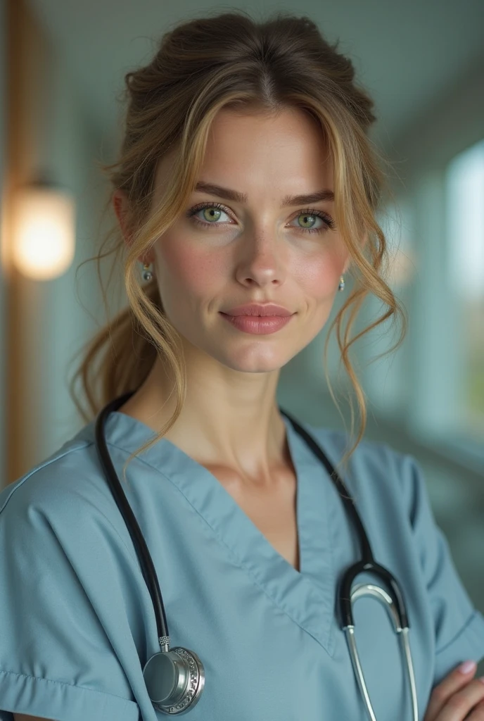 a beautiful nurse with kind eyes, detailed facial features, delicate lips, long eyelashes, wearing a white medical uniform, standing in a hospital ward, soft lighting, intricate details, photorealistic, 8k, masterpiece, highly detailed, cinematic, warm color tones, dramatic lighting