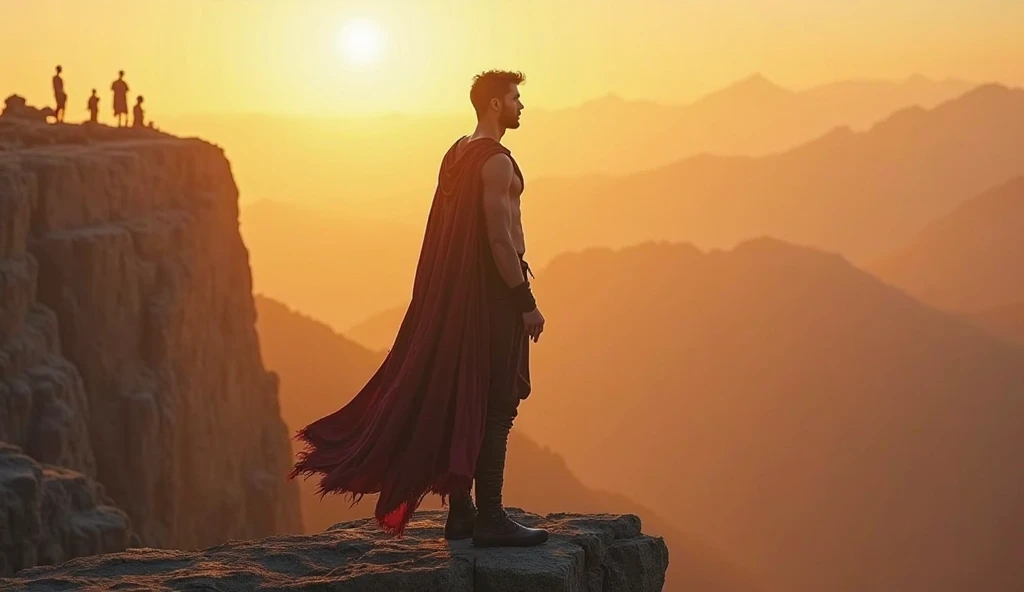A photorealistic image of a man with chiseled features and piercing blue eyes standing atop a rugged mountain peak. He gazes down at the vast landscape below, a determined set to his jaw and a glint of ambition in his eyes. The wind whips his pristine white cloak around him, creating a sense of dynamic movement and power. His muscular build and regal posture exude an aura of irresistible power and confidence. Golden sunlight bathes the scene, highlighting the man's strength and determination.