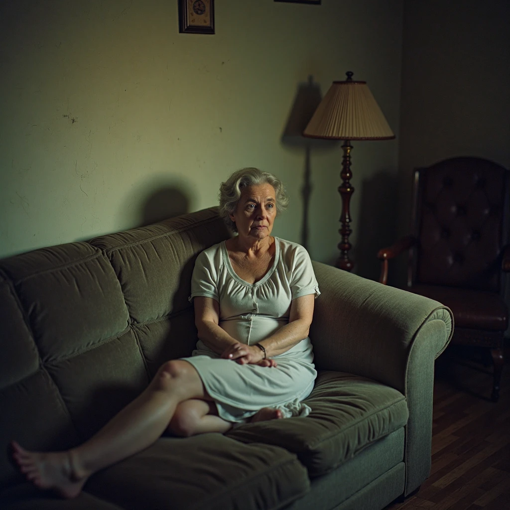 Ugly old woman wearing a satin shirt with a black leather skirt and thigh high boots. She is on her knees with her hands behind her back in her room at the foot of the bed.