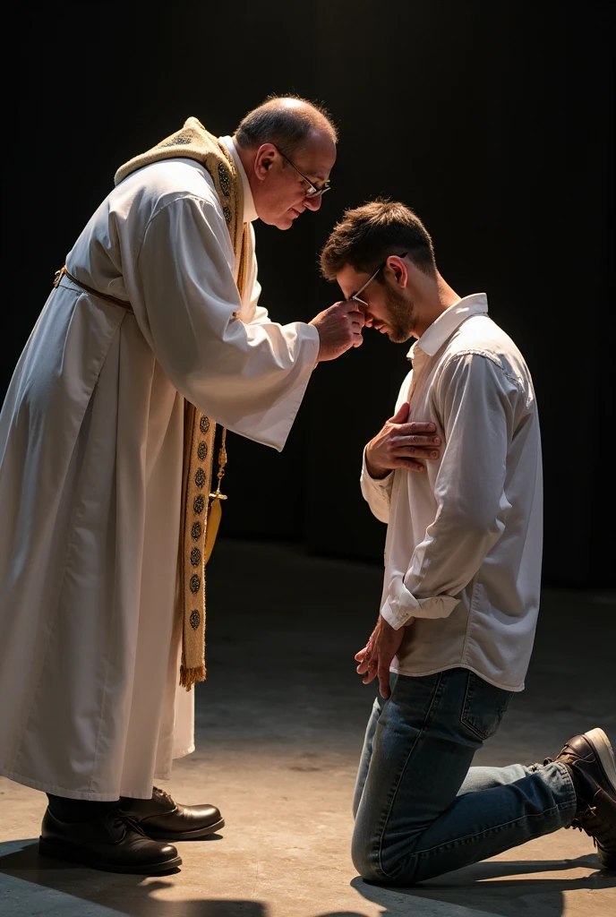 photo of (2 men:1.3), close-up from below showing upper body of one nude boy kneeling in front of a father priest, the back of a slim cute blondish auburn Irish 18 year old twink boy on the step of a church altar, he is praying to an (older daddy father priest standing:1.2) really big in front of him, he is showing his shaved bussy ass asshole, small ass, penis, testicles, scrotum, perineum, <lora:bussy_SDXL:0.3@0.3,0.8@0.3>, natural lighting, 4k, high quality, Fujifilm XT3