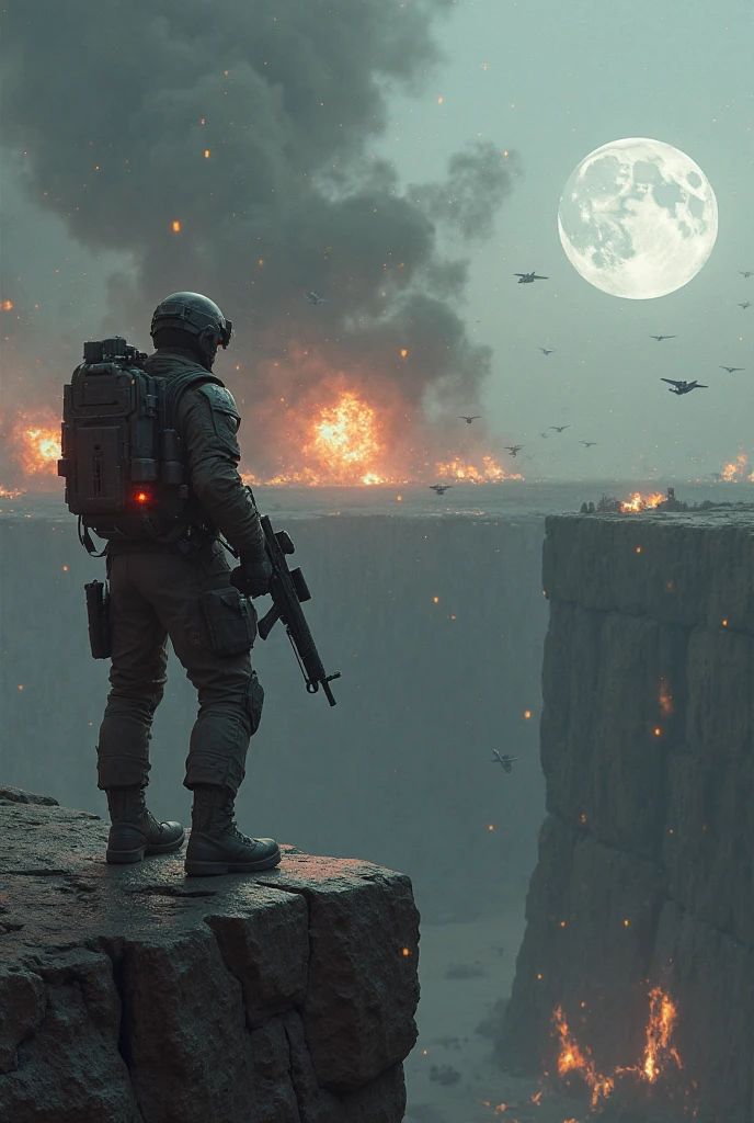 soldier with a gas mask looking at the horizon on a cloudy and rainy day in a post apocalyptic world.