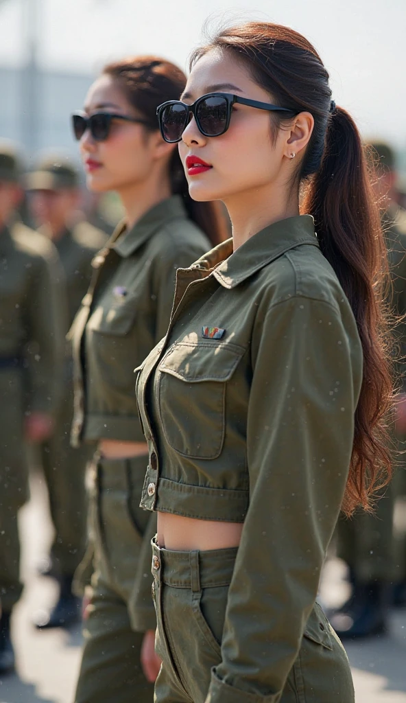 (ultra-realistic), (high definition), (8K), (very detailed), best quality, high definition, spanish girl, upper body is in uniform, lower body is undressed, beach, (butt sticking out),big