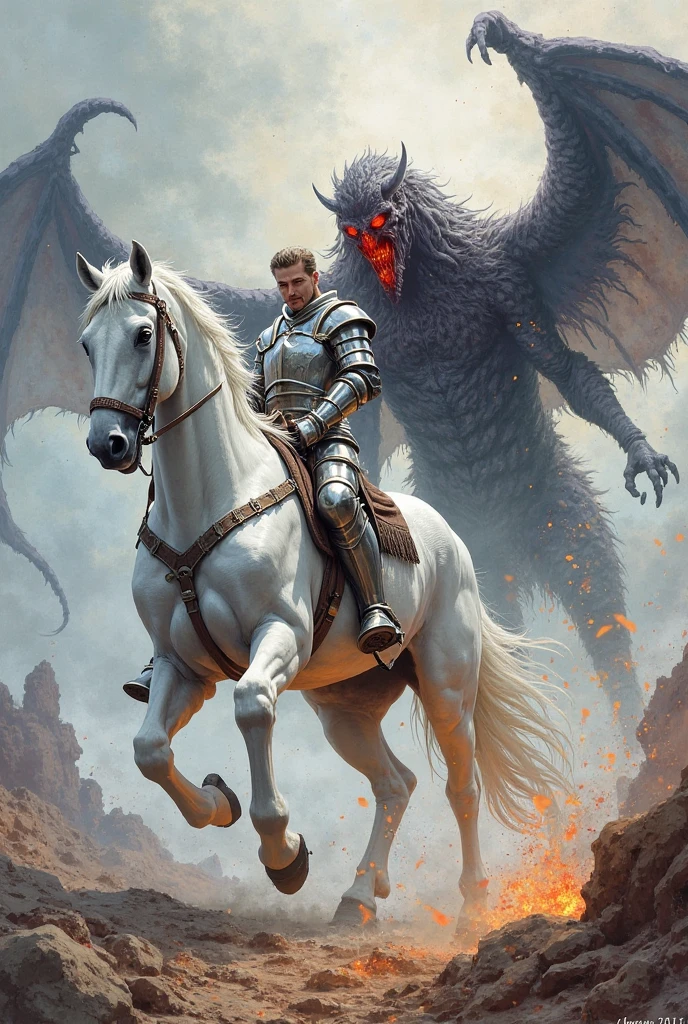Knight looking at the distance, in the distance wyvern in the sky