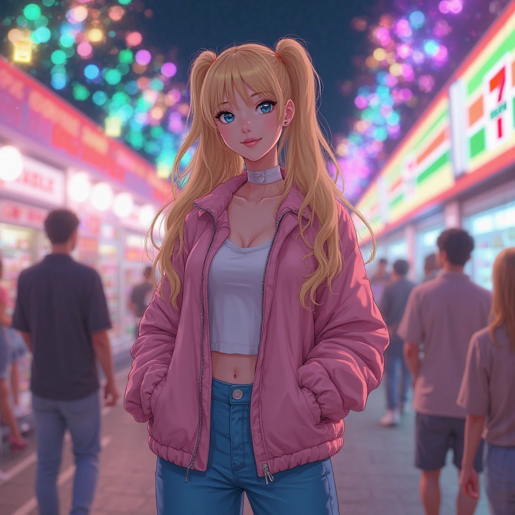 Cute anime girl blonde hair pig tails with violet colored eyes wearing one pink transparent sunglasses under pink blue purple city lights surrounded by glowing yellow stars smiling