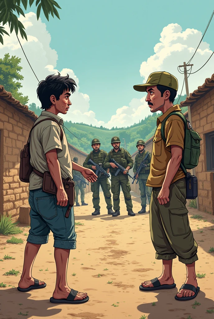 A boy soldier is injured on the battlefield, cartoon style.