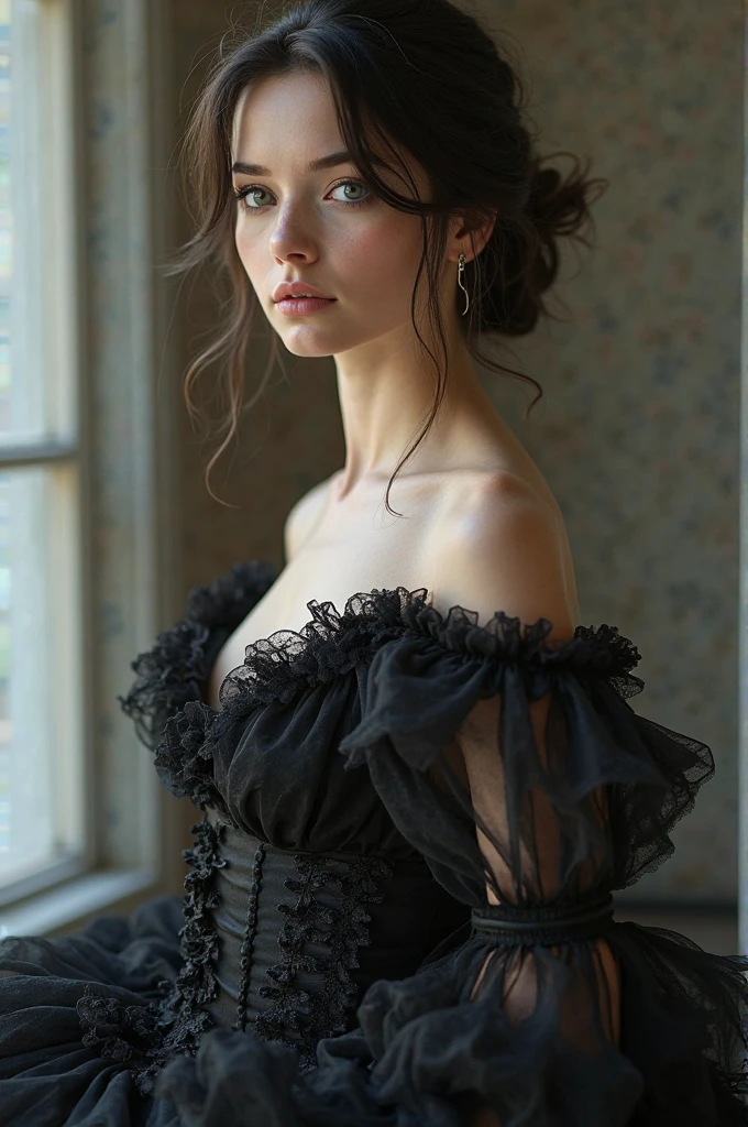 by Hegre,  the school teacher,( cute, petite ), slender, European, pale cheeks, square face shape with angular jaw, natural "no-makeup" makeup, (large natural breasts), (((plunging deep V-line))), black hair , knotless braid hairstyle , wearing Ruffled Victorian-inspired blouse with a high collar and lace insets , Ball Gown Skirt , body-shaping pantyhose and t-strap heels , highly detailed skin with vellus