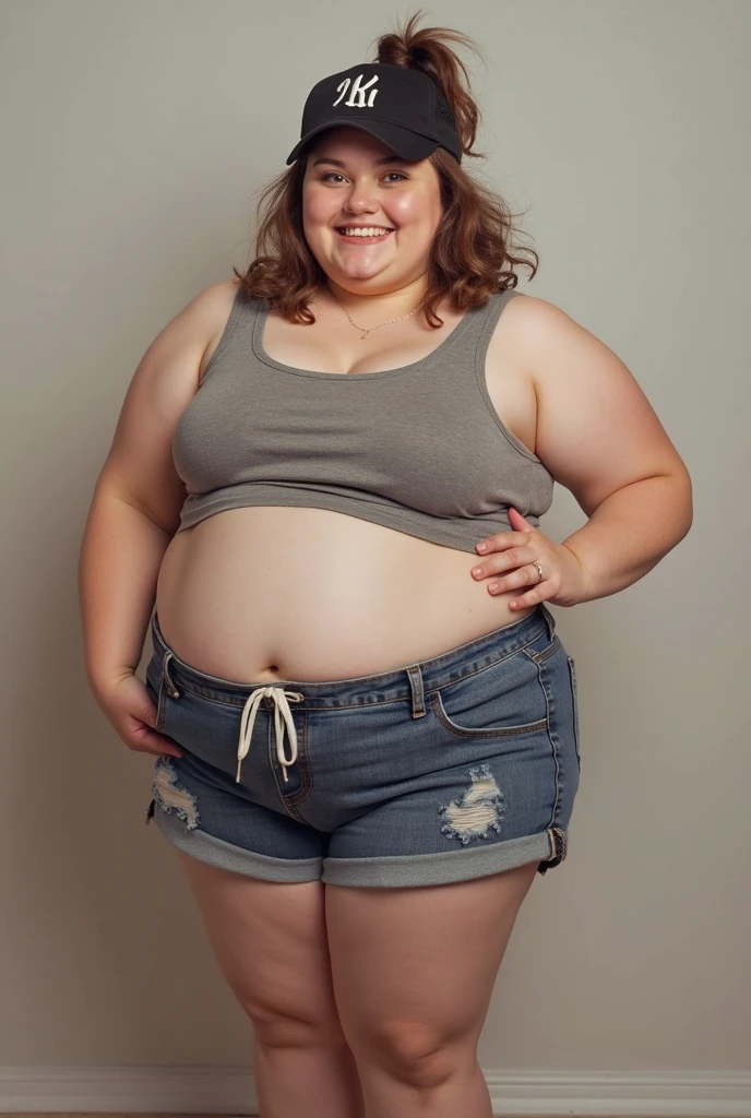 A plus size model woman is obese and overweight, weighing 150kg, with a lot of belly fat, she is standing on the scale because she has gained weight from eating too much, an obese plus size model with a very large belly, her belly is bulging and covered with a lot of fat, she has a saggy belly and a tattoo around her navel, 4K quality, low angle
