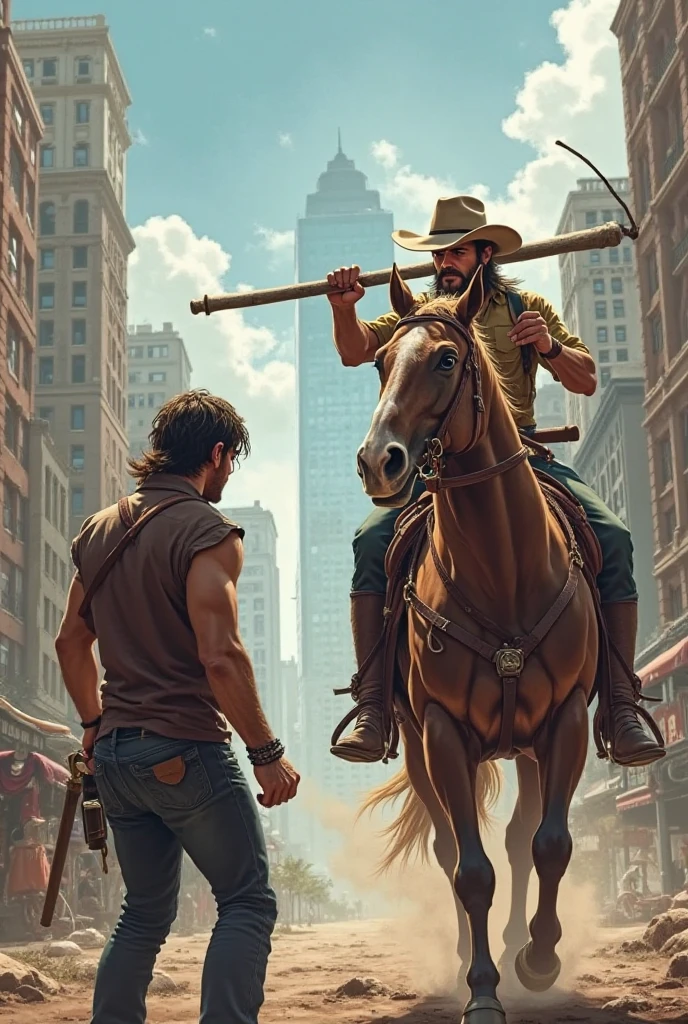 a gypsy man with his shirt open riding a horse with a fat man running behind him, yelling.